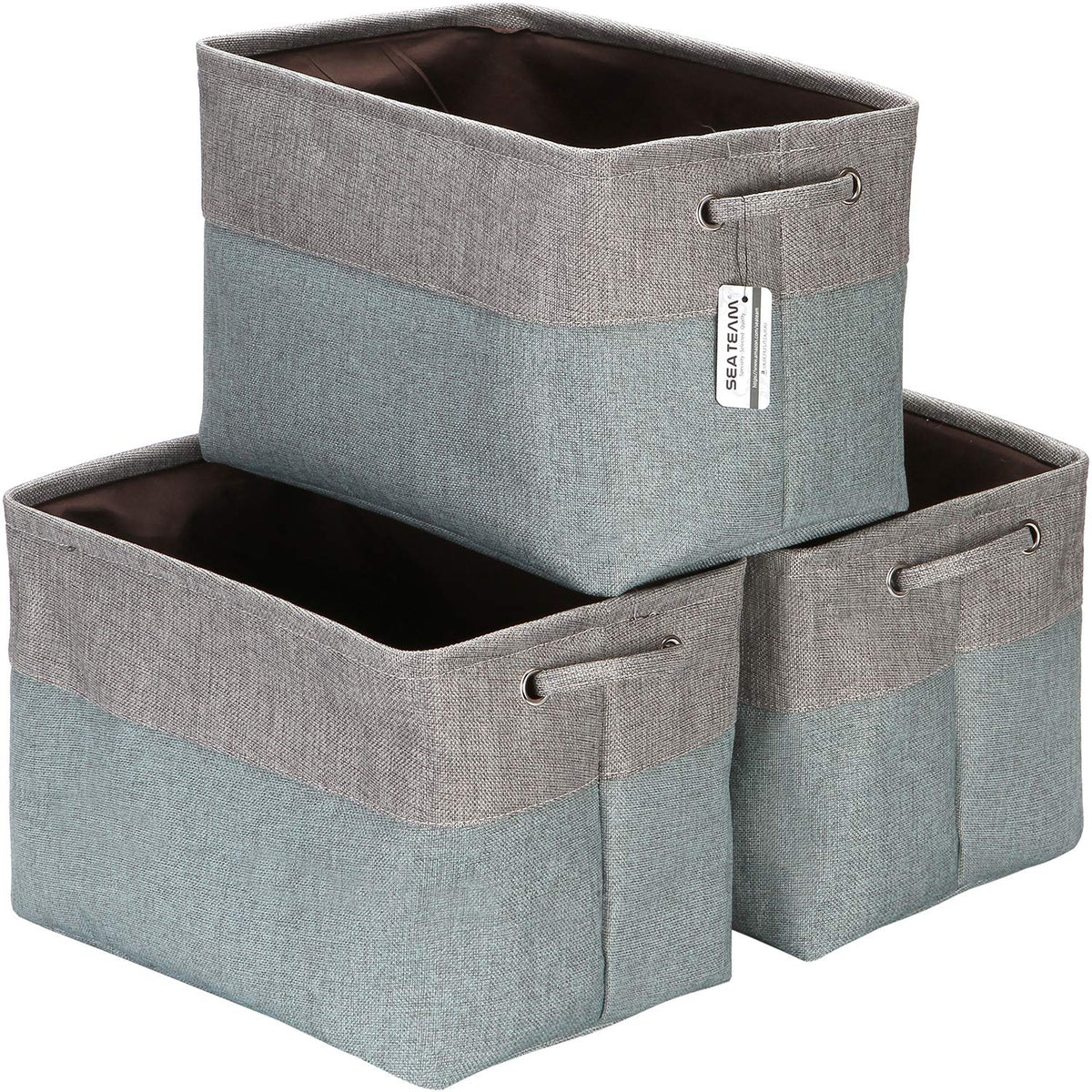 Sea Team 3-Pack Large Storage Basket Set, Trunk Organizer, Clothes Toys Bin, 15 x 10 x 10 Inches, Big Rectangular Canvas Fabric 