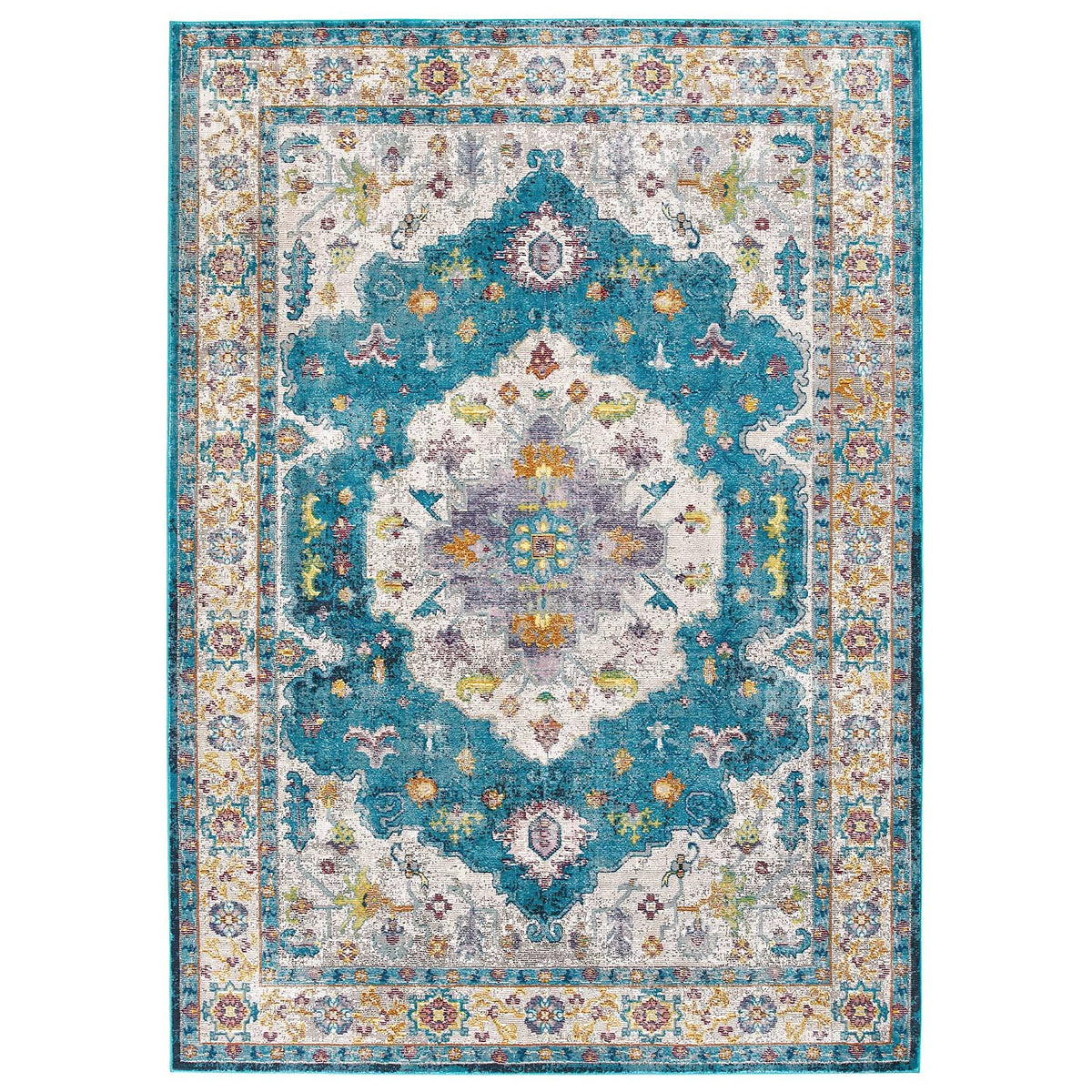 Modway Success Anisah Distressed Floral Vintage 4X6 Area Rug In Blue, Ivory, Yellow, Orange