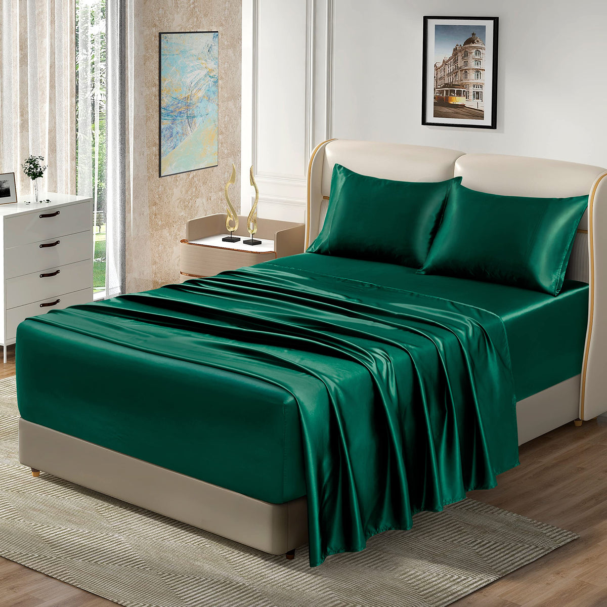 Homiest 4Pcs Extra Deep Pocket Satin Sheets Full Size Bed Set, 18-24 Inch Deep Pocket Bed Sheets Blackish Green Satin Sheet Set,