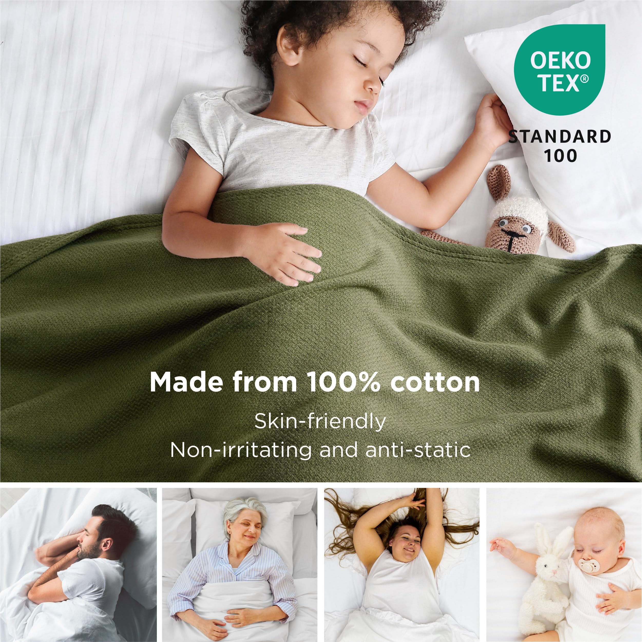 Bedsure 100% Cotton Blanket Queen Size For Bed - Breathable And Lightweight, Soft Cozy Textured Herringbone Woven Blanket For Summer Spring, Olive Green, 90X90 Inches