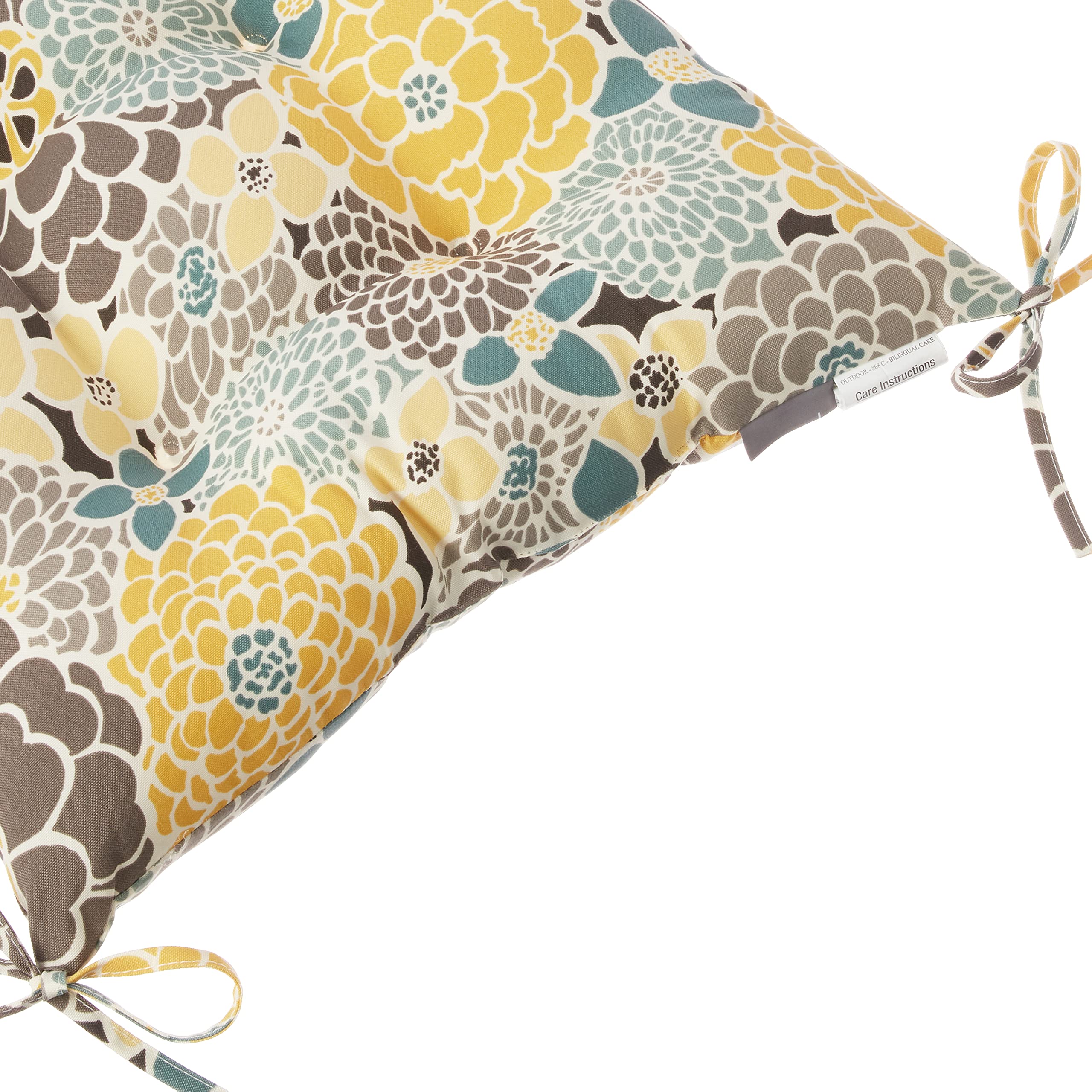 Pillow Perfect Bright Floral Indoor/Outdoor Chair Seat Cushion With Ties, Tufted, Weather, And Fade Resistant, 18.5' X 19', Bl