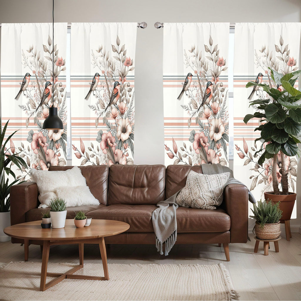 Ambesonne Birds And Nature Window Curtains Pack Of 2, Autumnal Composition Of Muted Leafy Floral With Sparrowbird, Lightweight S