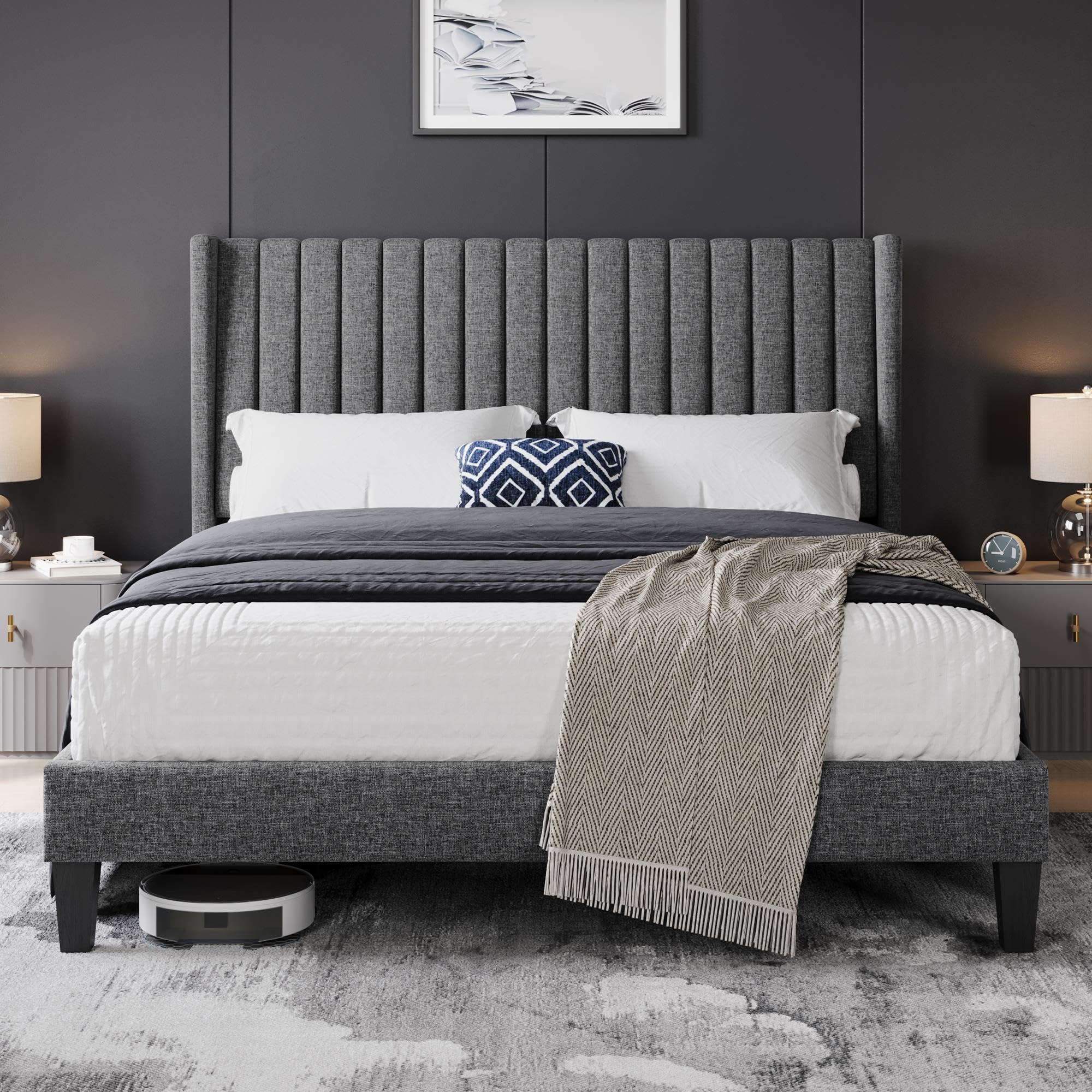 Yaheetech Queen Bed Frame Upholstered Platform Bed With Fabric Headboard, Wing Edge Design/Non-Slip And Noise-Free/Wooden Slats Support/No Box Spring Needed/Easy Assembly, Dark Gray Queen Bed
