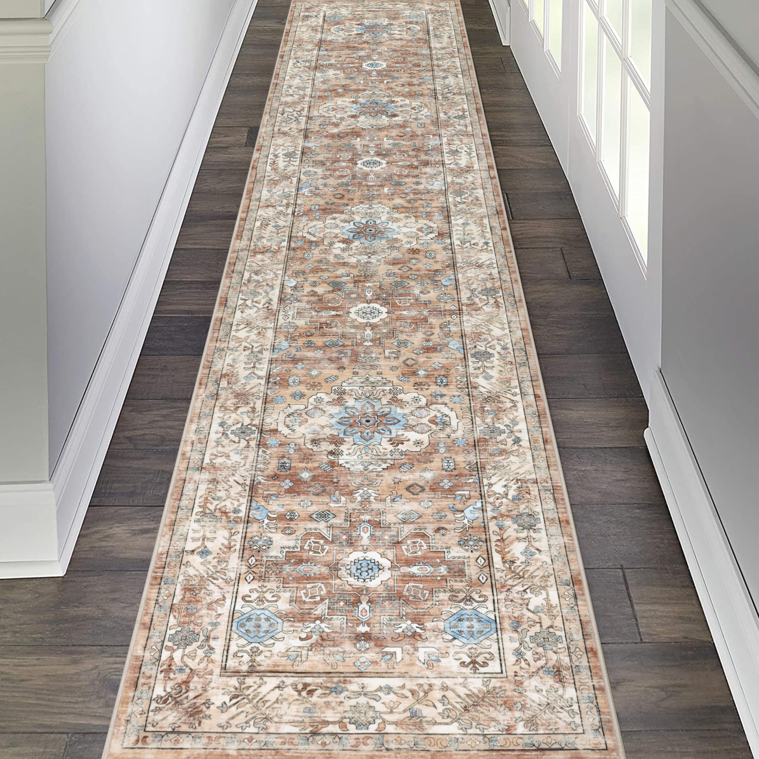 Pauwer Long Hallway Runner Rug 26x12, Boho Washable Runner Rugs with Rubber Backing, Non Slip Carpet Runner for Hallways, Fa