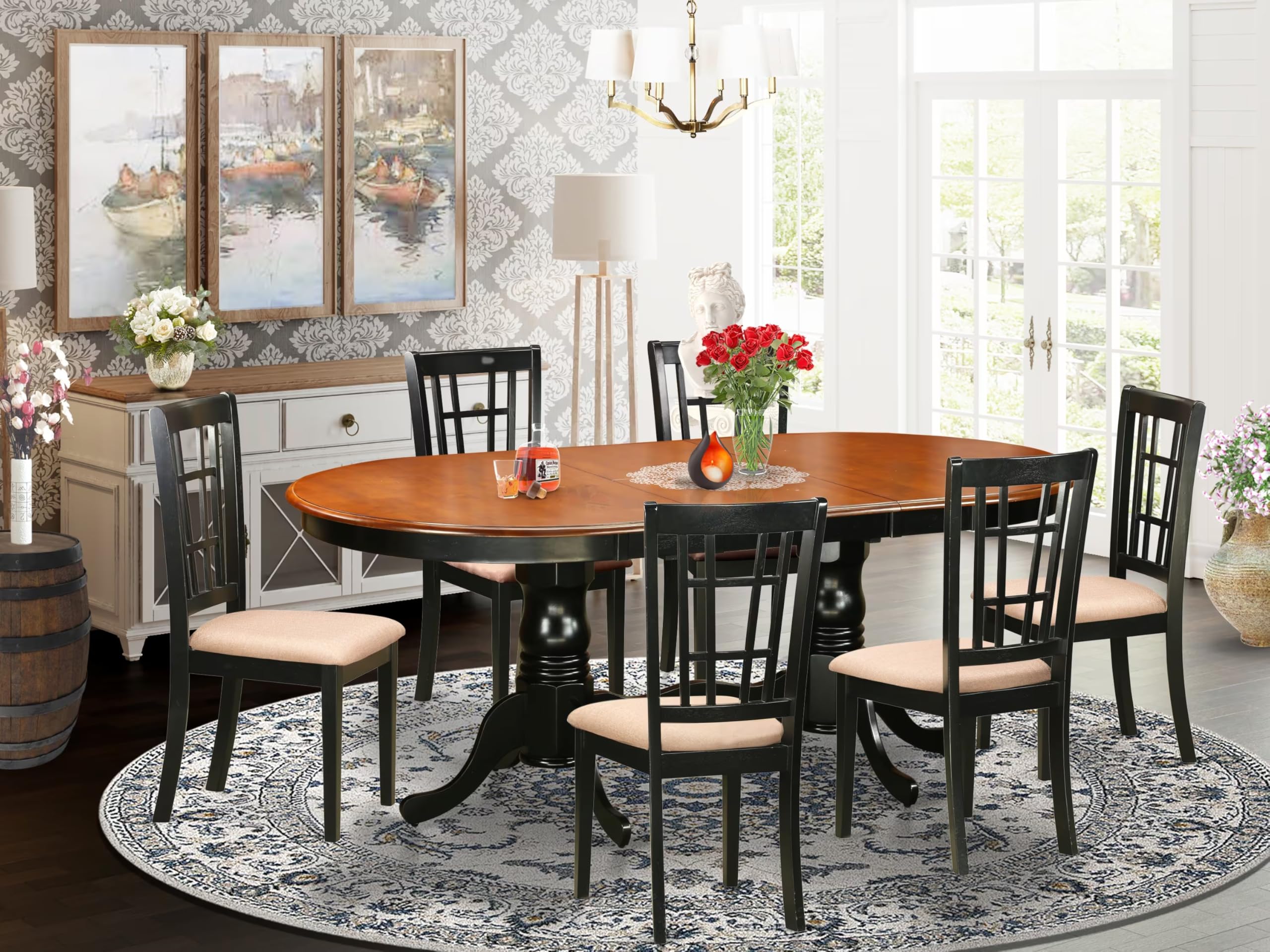 East West Furniture PLNI7-BCH-C 7 Piece Dining Room Furniture Set Consist of an Oval Kitchen Table with Butterfly Leaf and 6 Linen Fabric Upholstered Chairs, 42x78 Inch, Black & Cherry