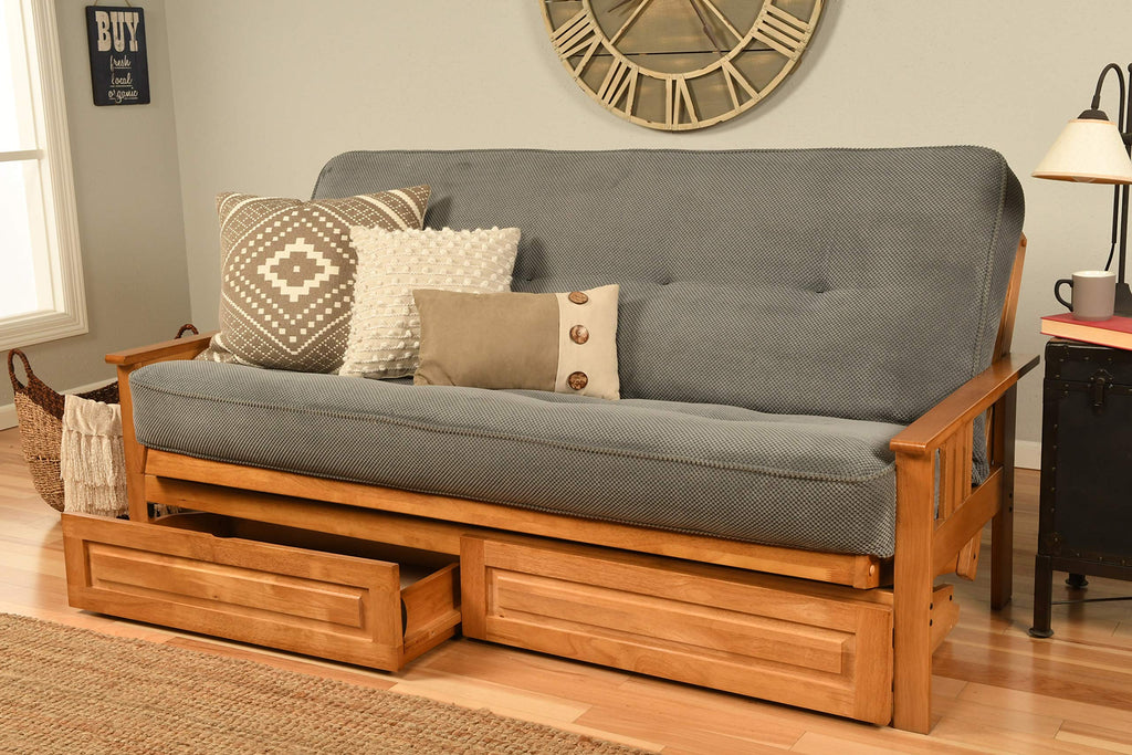 Kodiak Furniture Monterey Futon Set With Storage Drawers, With Butternut Base And Marmont Thunder Mattress