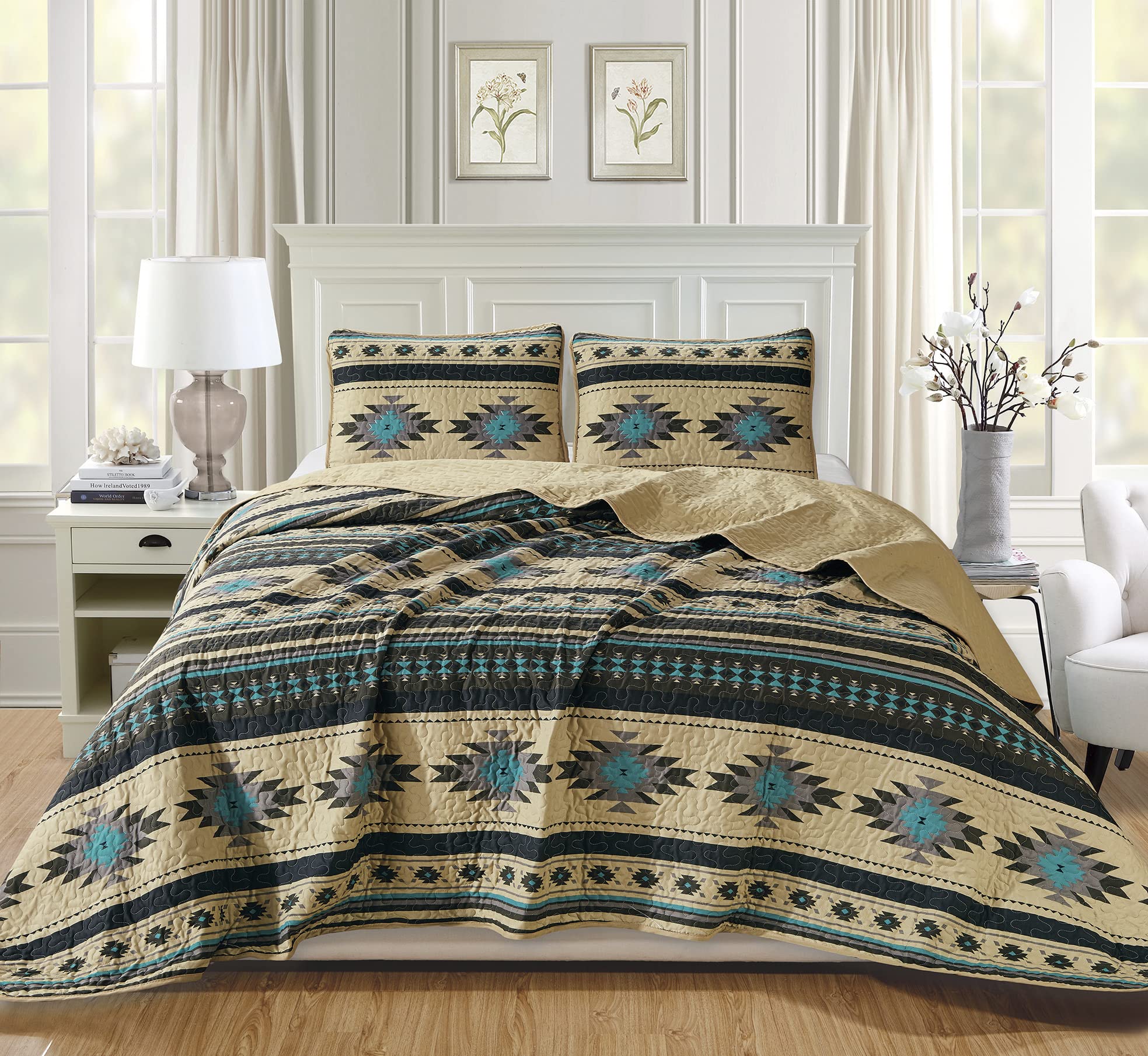 Chezmoi Collection 3-Piece Southwestern Geometric Tribal Quilt Set - Multicolor Teal Beige Black Gray Lightweight Quilted Bedspr