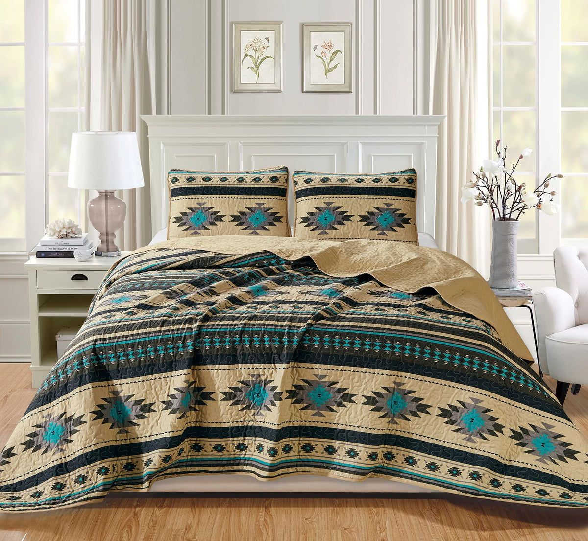 Chezmoi Collection 2-Piece Southwestern Geometric Tribal Quilt Set - Multicolor Teal Beige Black Gray Lightweight Quilted Bedspr