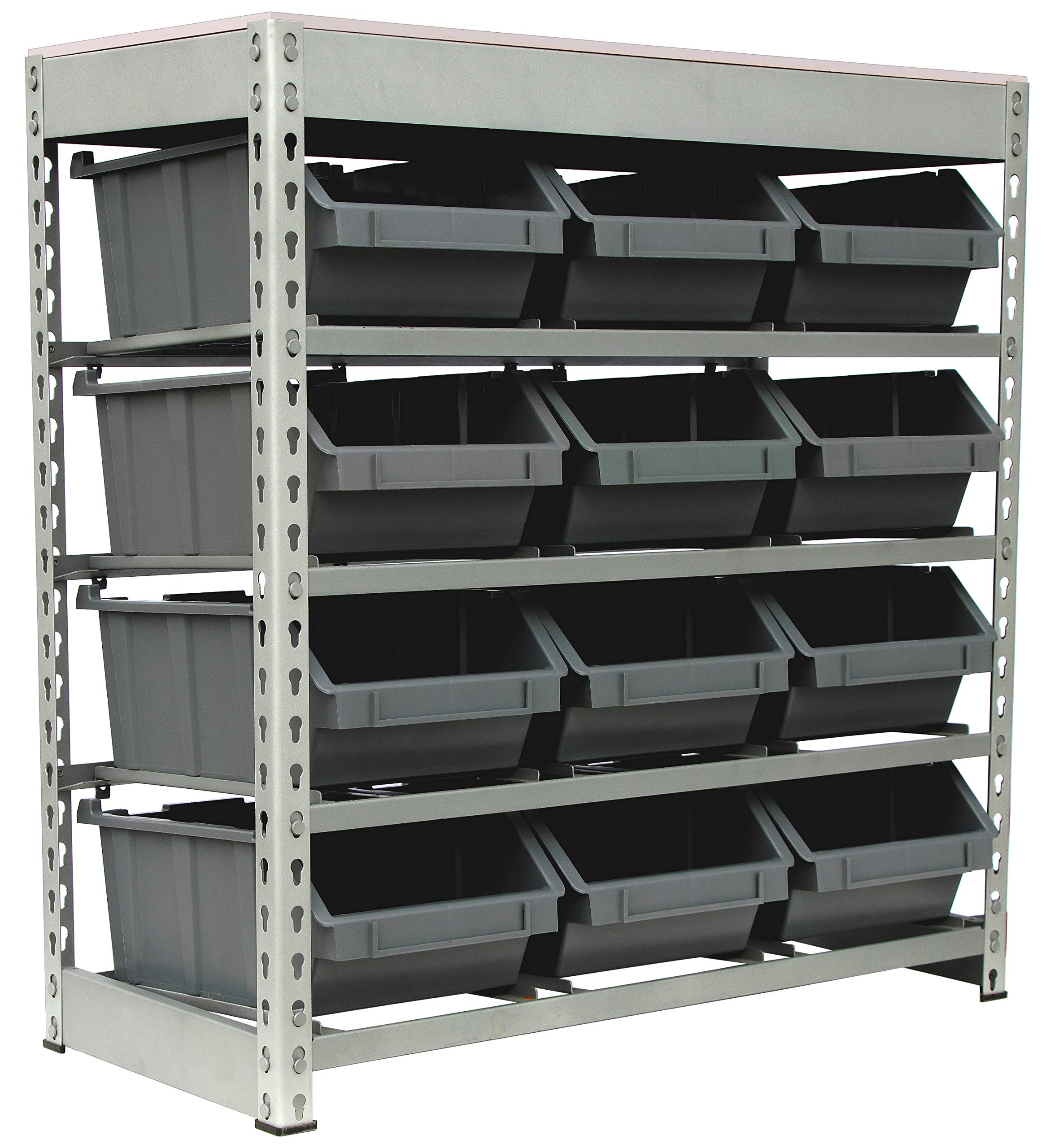 Kings Rack Bin Rack Boltless Steel Storage System Organizer w/ 12 Plastic Bins in 4 tiers