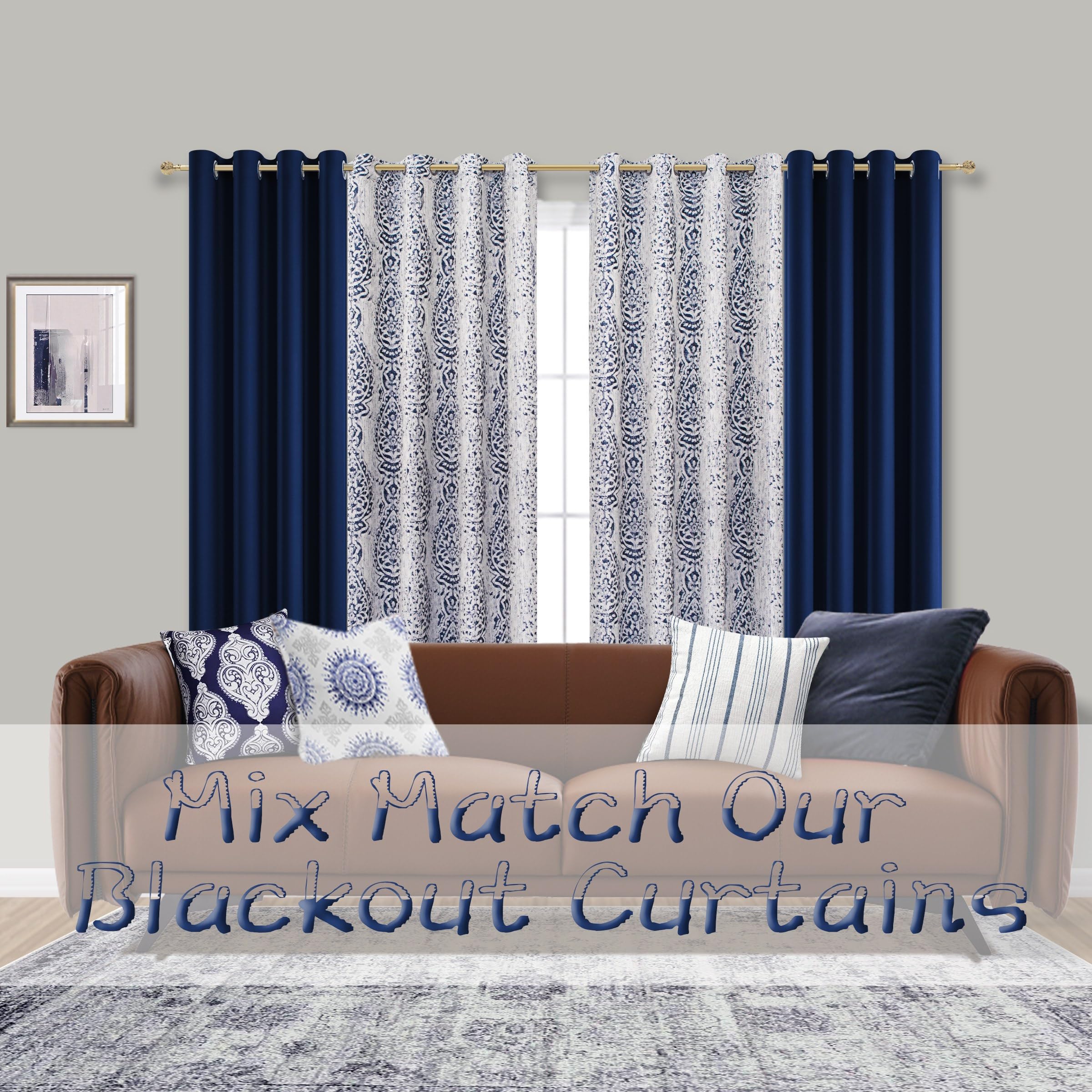 Mrs.Naturall Navy Blue Curtains 96 Inches Long 2 Panel Set For Sliding Glass Door,50% Blackout Boho Floral Patterned Print Black Out Curtains For Living Room
