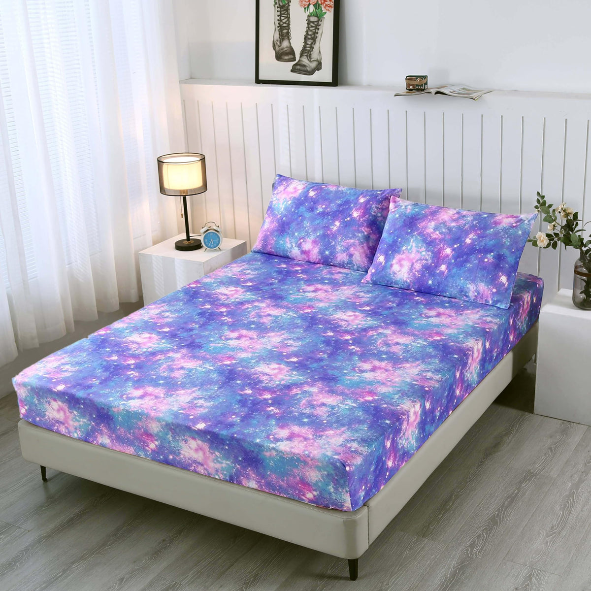 Sdiii 3Pcs Colorful Space Fitted Queen Sheet Set, 1 Fitted Sheet And 2 Pillowcases, Bed In A Bag Galaxy Queen Bed Fitted Sheet,