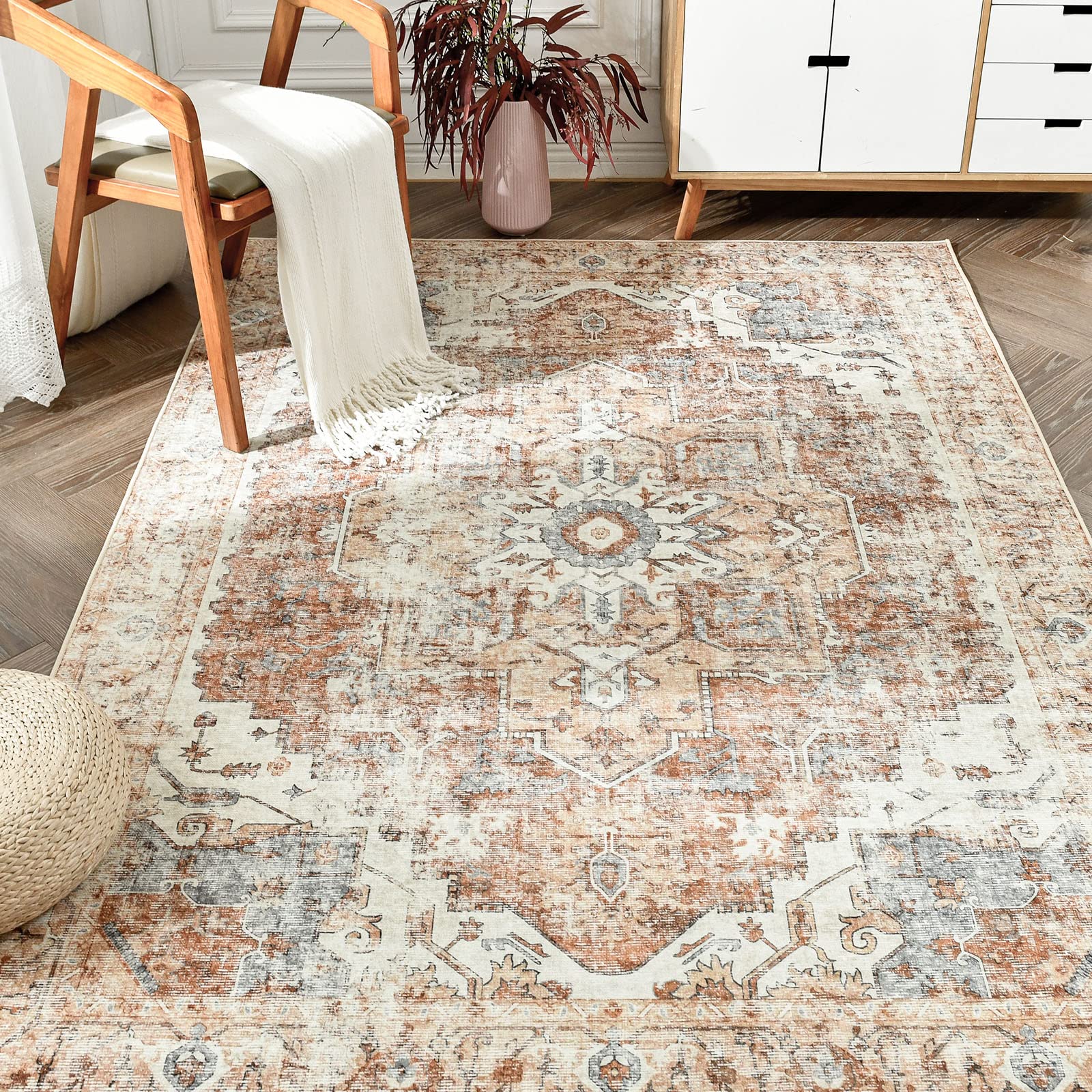 jinchan Area Rug 3x5 Washable Rug Vintage Rug Indoor Floor Distressed Carpet Brick Red Multi Thin Rug Chenille Mat Accent Rug Li