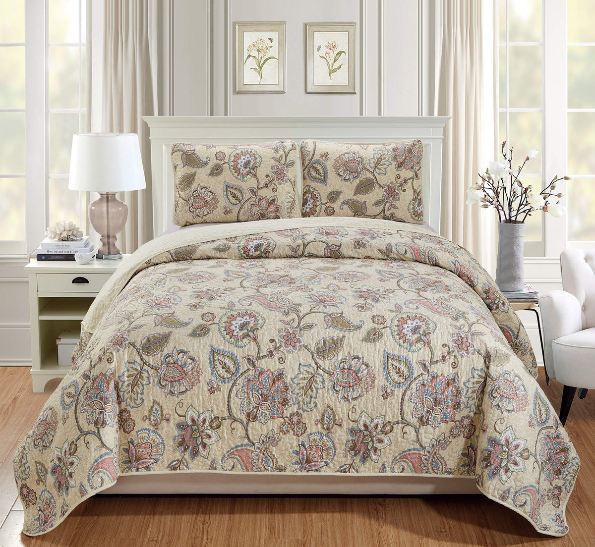 Home Collection 3Pc King/California King Bedspread Quilt Set Floral Beige Pink Blue Taupe Green Flowers Leaves Over Size New