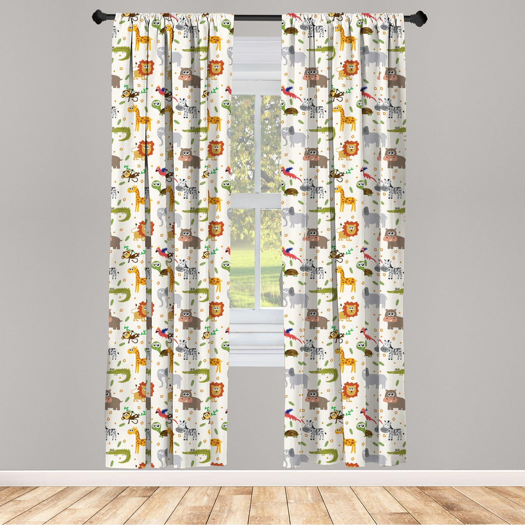 Ambesonne Cartoon Animal Window Curtains, Australian Fauna Silly Faces Savannah Lion Crocodile Repetitive Pattern, Lightweight D