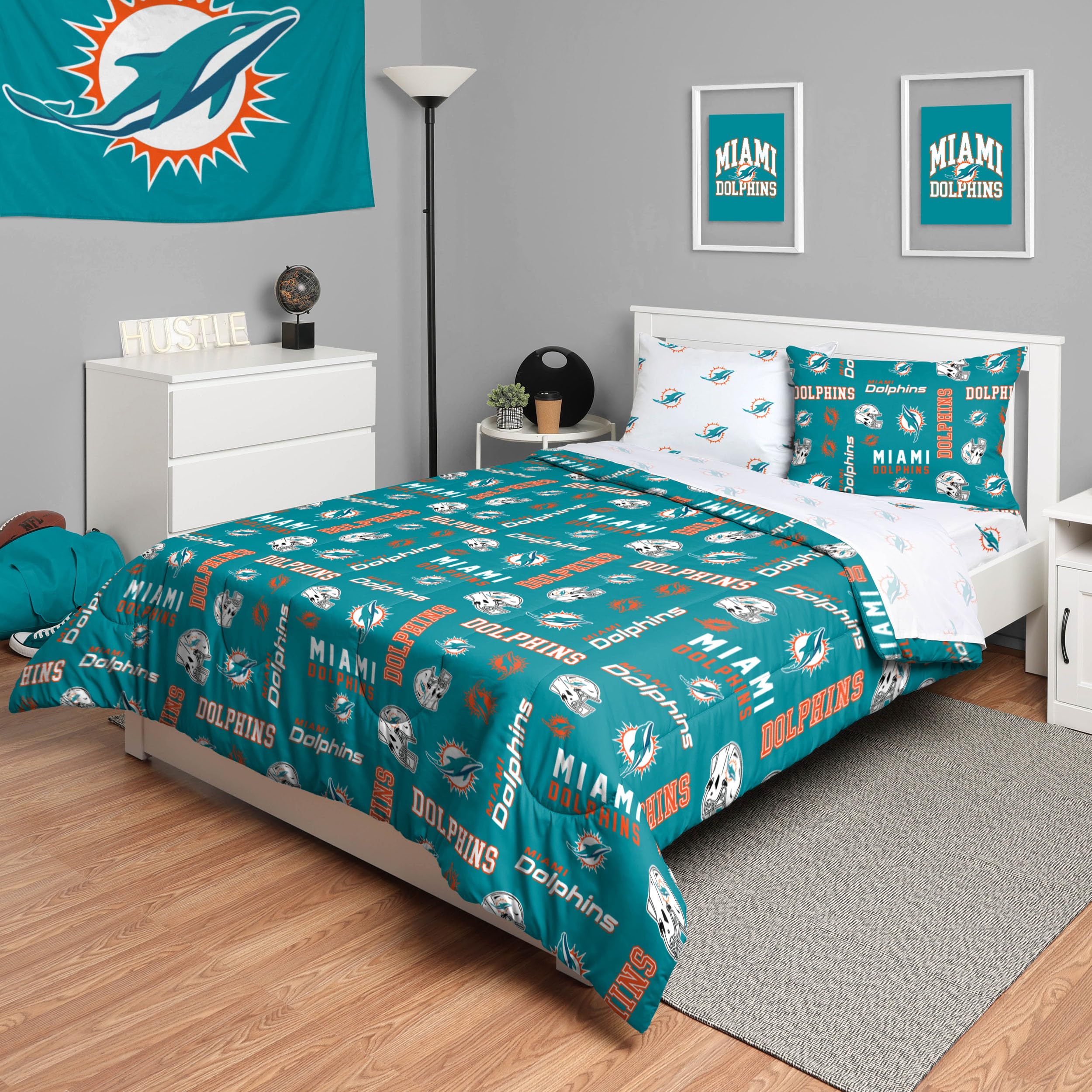 Foco Miami Dolphins Nfl Team Color Bed In A Bag Comforter Bedding 5 Piece Full Set