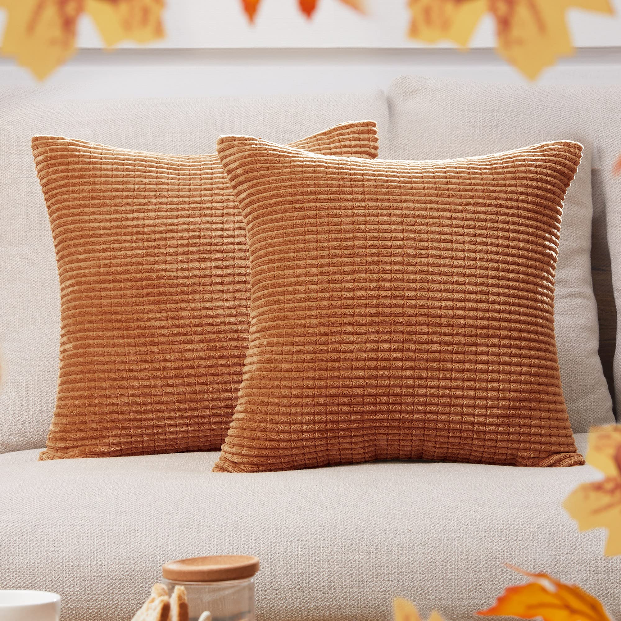Deconovo Fall Pillow Covers Decor Fall Decorations For Home Soft Corduroy Throw Pillow Cover With Stripe Pattern, 18X18 Inch, Or