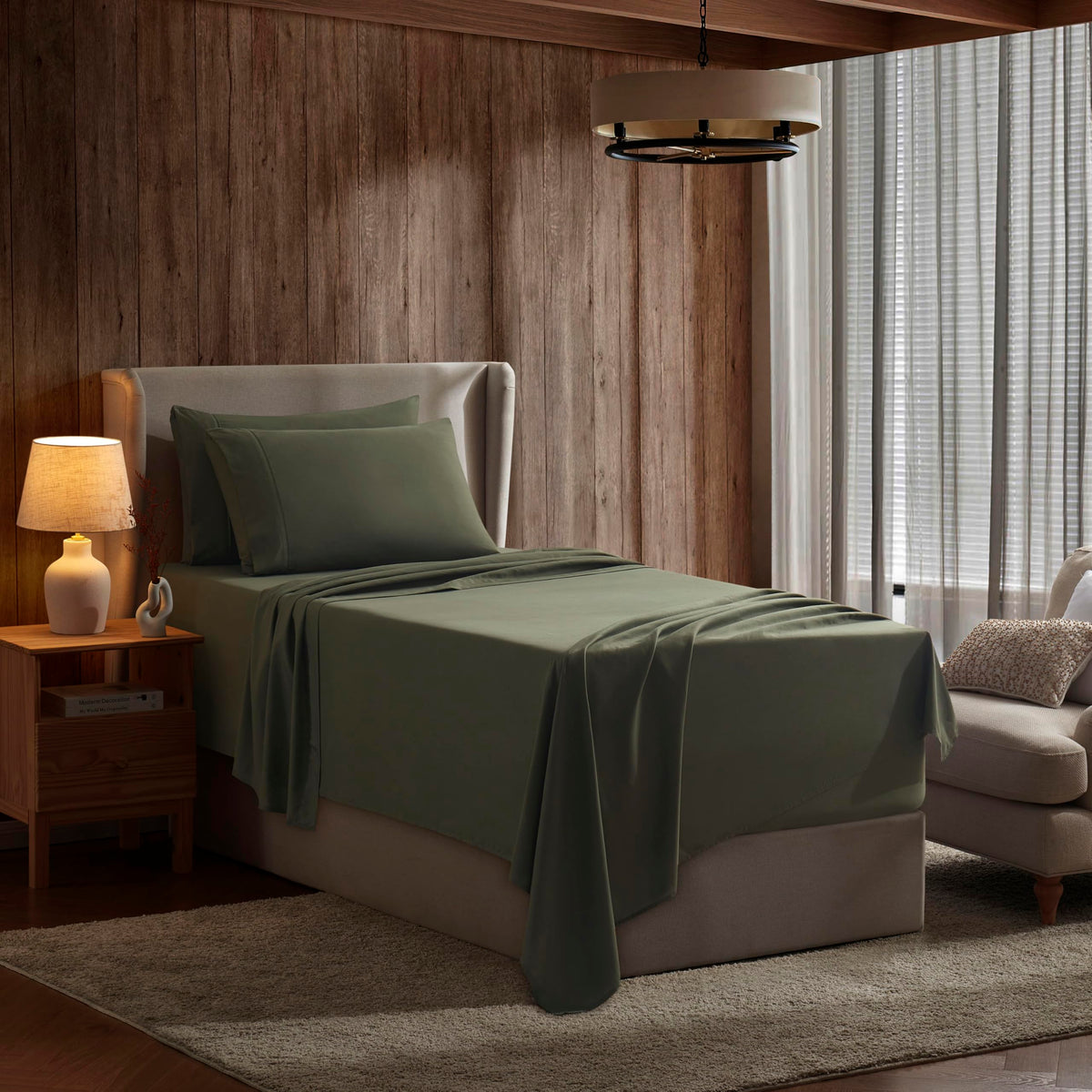 Nestl Twin Bed Sheets Set - 3 Piece, Deep Pocket, Hotel Luxury, Extra Soft, Breathable & Cooling, Olive Green For Twin Size Matt