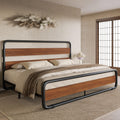 SHA CERLIN King Size Metal Bed Frame with Wooden Headboard and Footboard, Heavy Duty Platform Bed Frame with 10 Under-Bed Storag