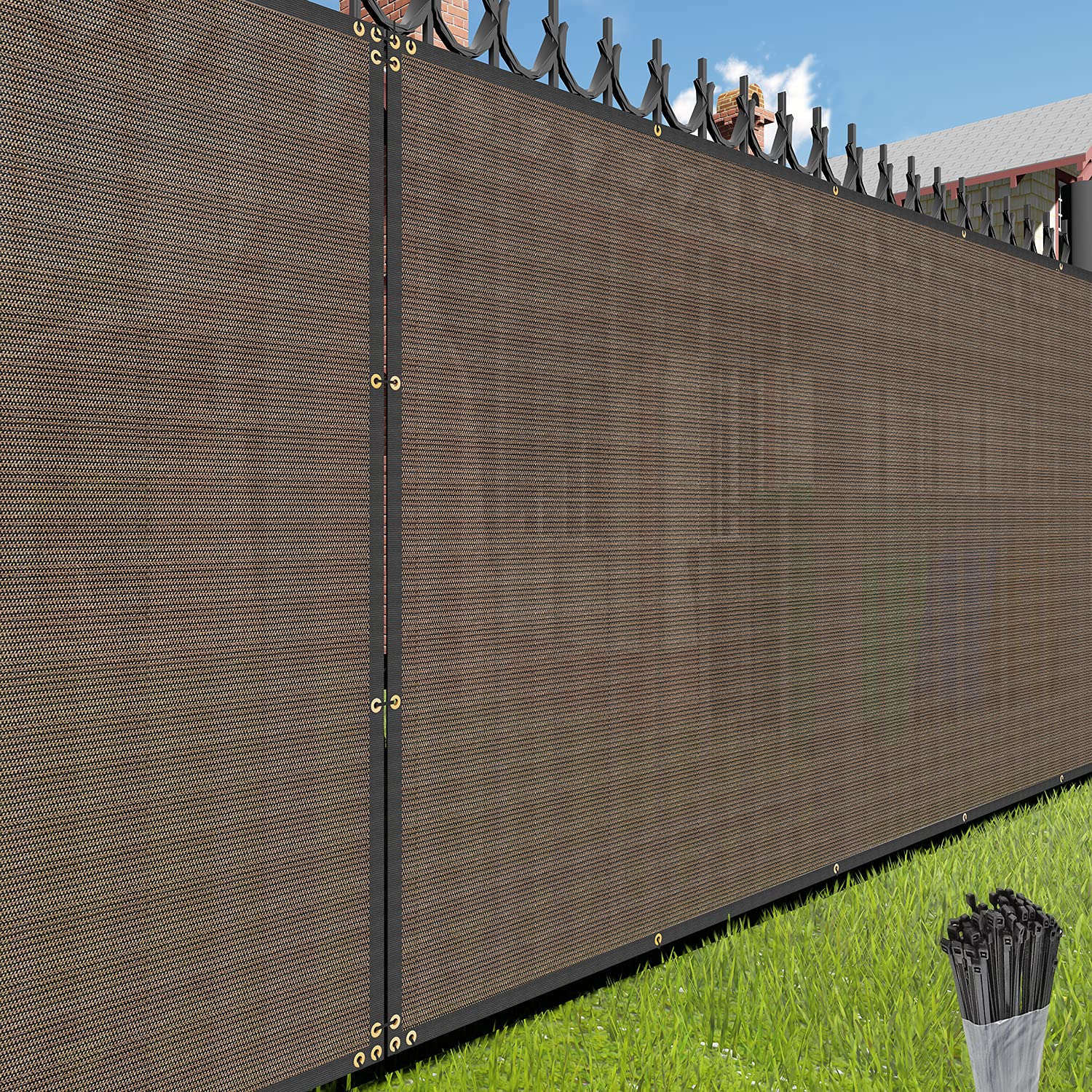 E&K Sunrise Fence Privacy Screen With Zipties, Brown 6' X 74' Commercial Outdoor Backyard Porch Deck Shade Windscreen Mesh Fabri