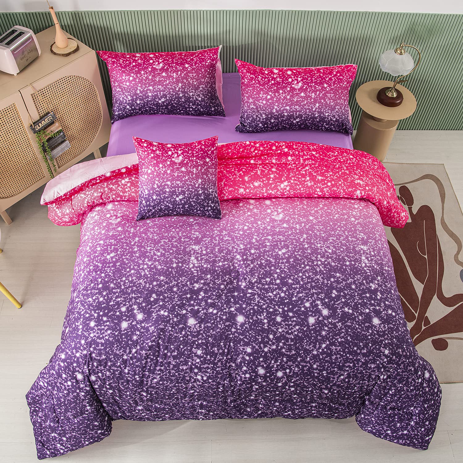 Perfemet Purple Glitter Comforter Set Twin Size 6 Pieces Bed In A Bag For Teen Girls 3D Colorful Rainbow Bedding Comforter Sheet