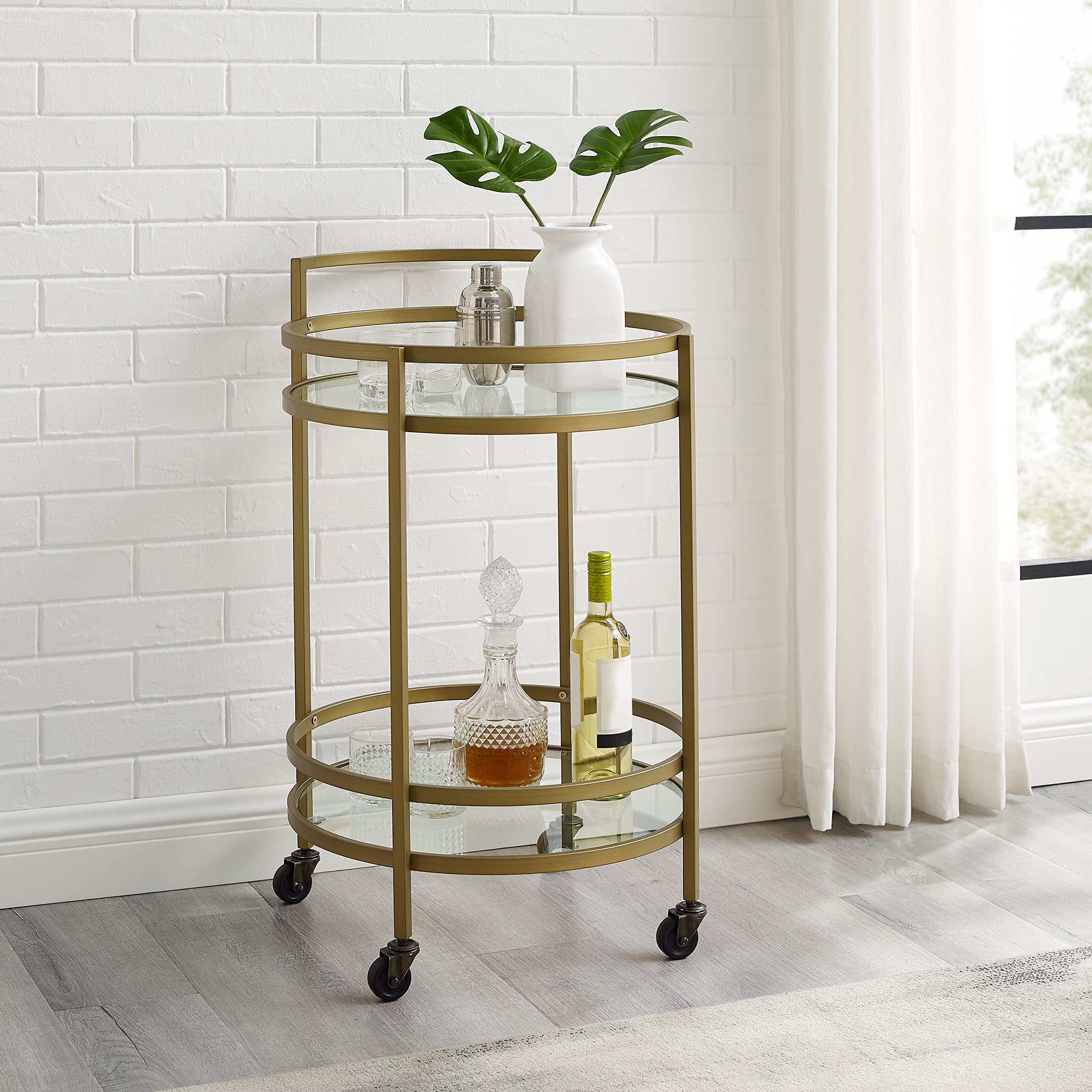 Crosley Furniture Bailey Modern Round Rolling Bar Cart with Storage Shelf and Caster Wheels, Gold