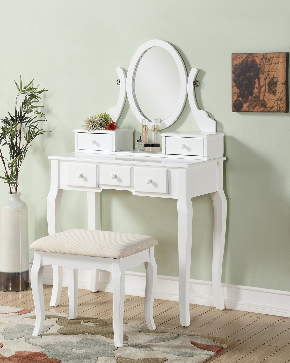 Roundhill Furniture Ashley Wood Make-Up Vanity Table And Stool Set, White