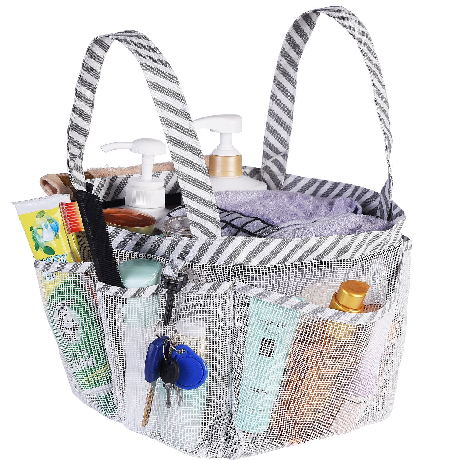 Haundry Mesh Shower Caddy Bag for College Dorm Room Essentials Portable Shower Caddy Tote with 8 Pockets for Beach, Swimming, Gy