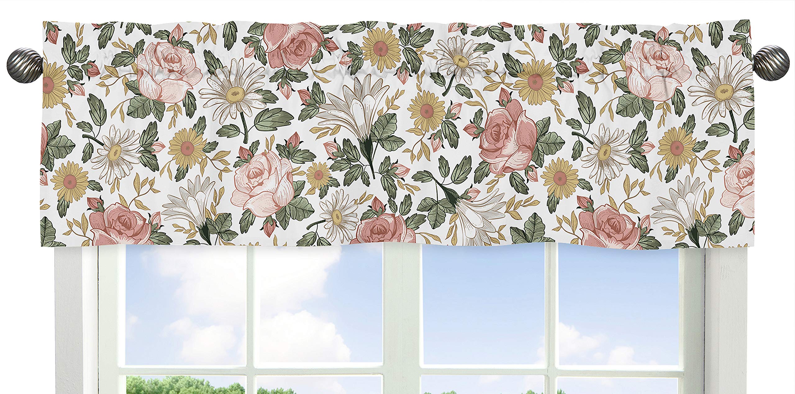 Sweet Jojo Designs Vintage Floral Boho Window Treatment Valance - Blush Pink, Yellow, Green and White Shabby Chic Rose Flower Fa