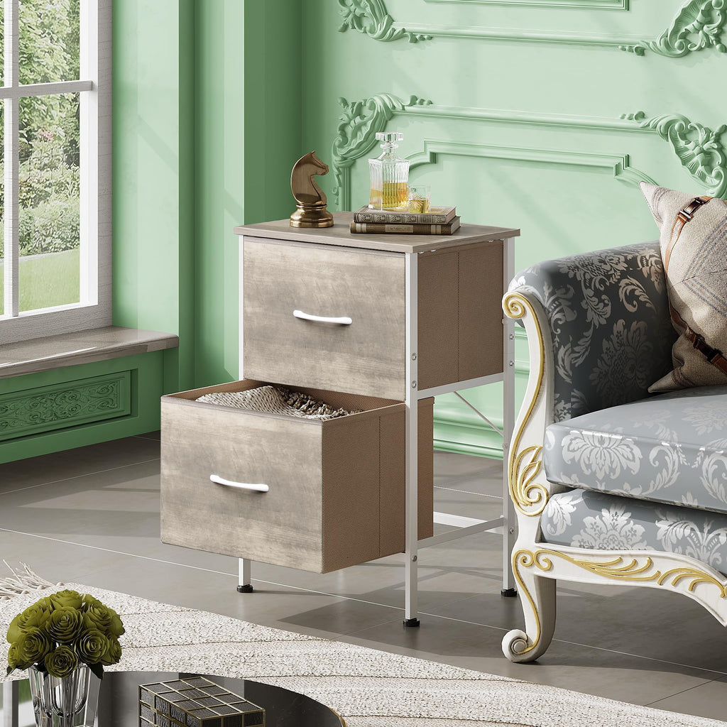 Wlive Night Stand, Greige Nightstand With 2 Fabric Drawers, Small Dresser For Bedroom, Bedside Table End Table With Storage Drawer, College Dorm, Dormitory, Greige Oak, Size L
