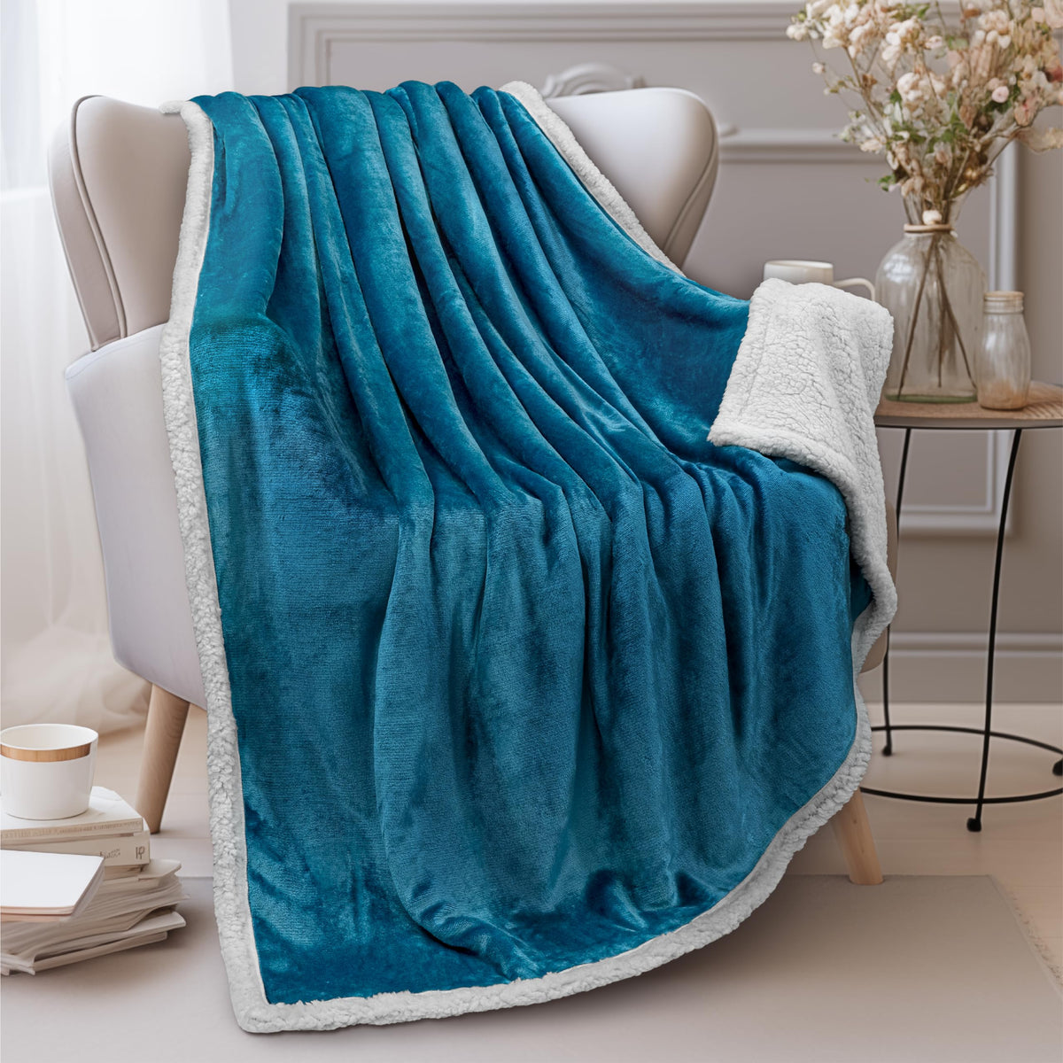 Pavilia Turquoise Sherpa Fleece Throw Blanket For Couch, Soft Thick Bed Blanket For Sofa, Cozy Warm Throw Blanket All Season, Fu