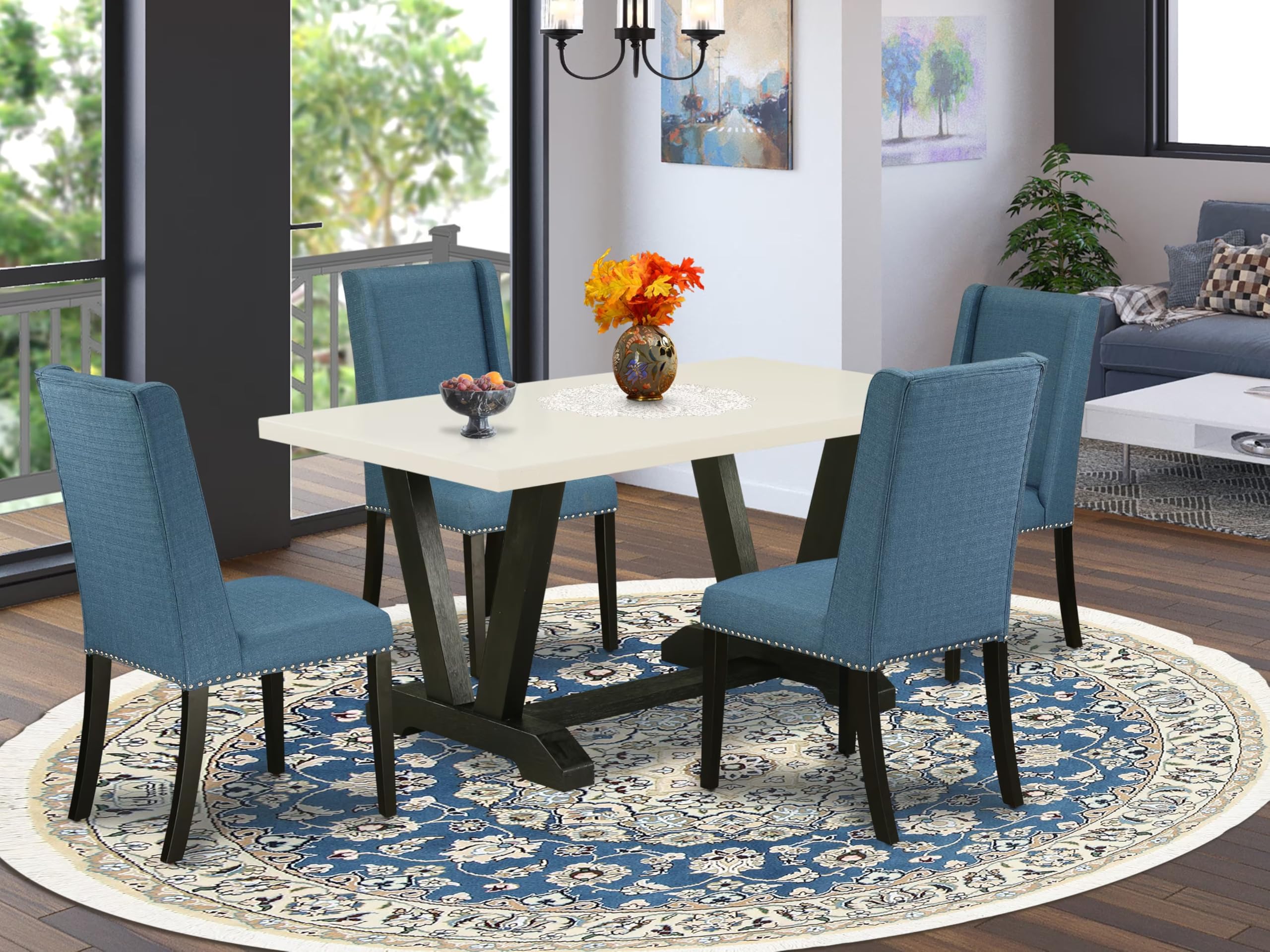 East West Furniture V626Fl121-5 5 Piece Dinette Set For 4 Includes A Rectangle Dining Room Table With V-Legs And 4 Blue Linen Fabric Upholstered Parson Chairs, 36X60 Inch, Multi-Color