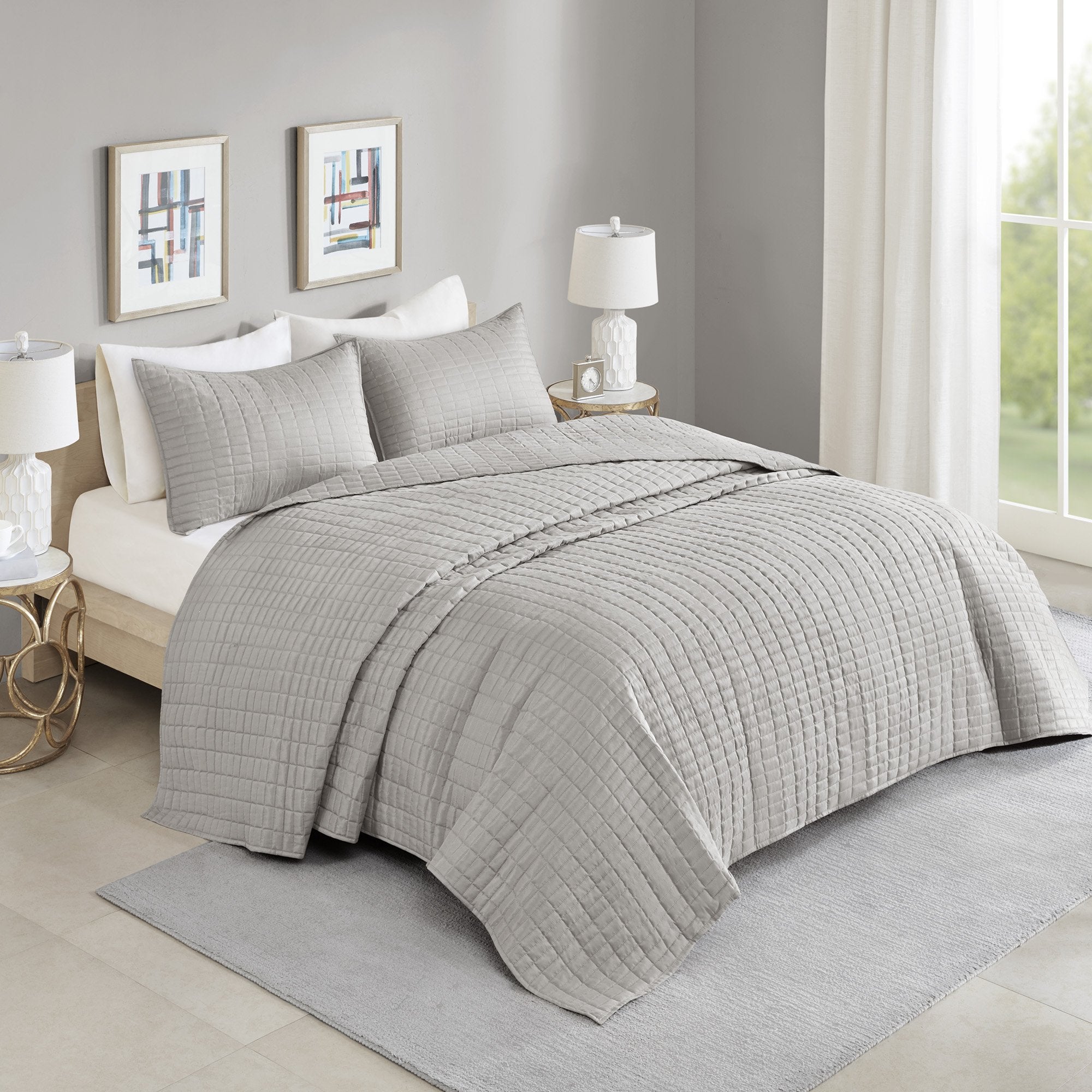 Comfort Spaces Queen Quilt-All Season Bedding, Gray Bedspread With Double Sided Stitching Design, Soft Summer Blanket Matching S
