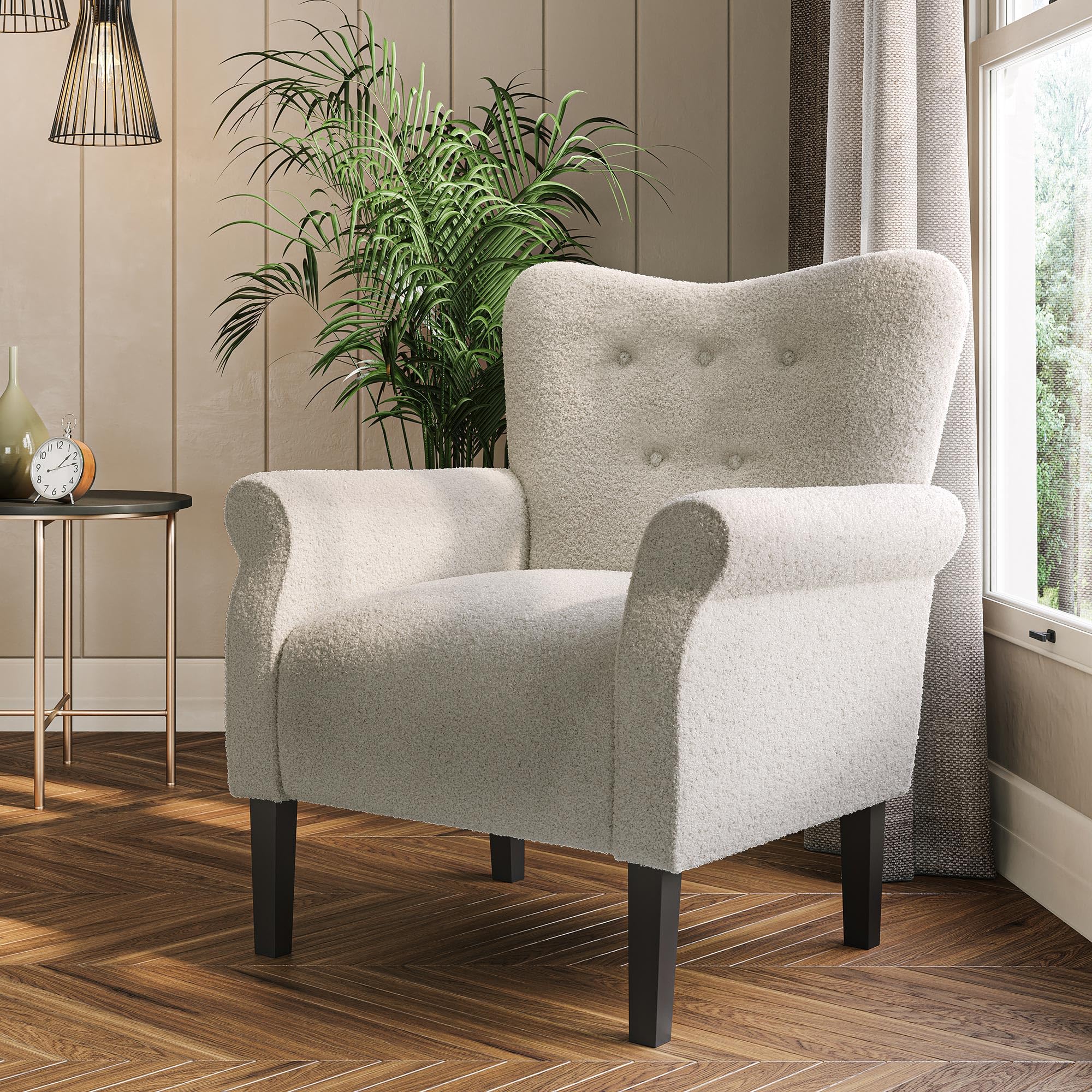 Belleze Modern Accent Chair For Living Room, High Back Polyester Armchair With Wooden Legs, Upholstered Wingback Side Chair Padd