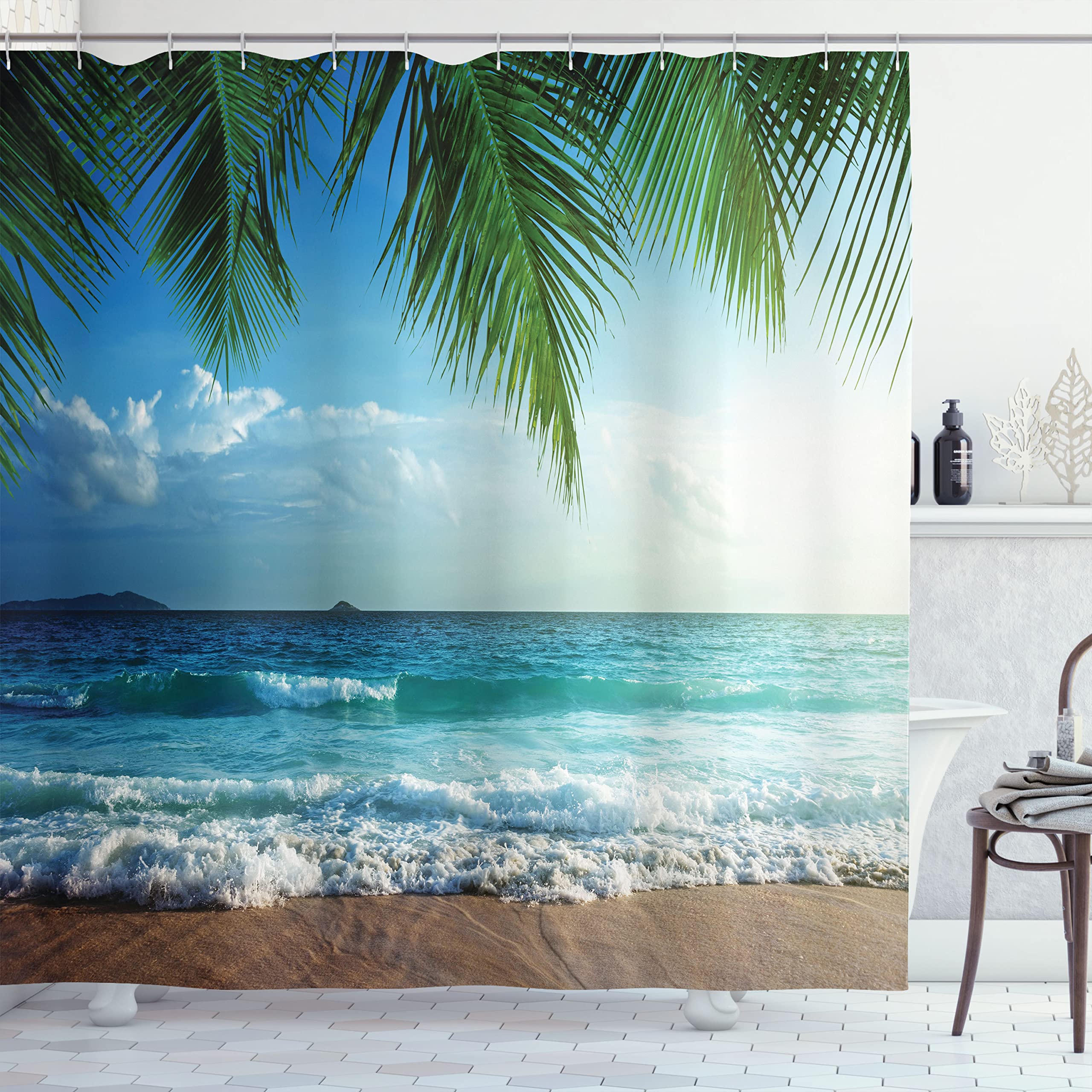 Ambesonne Ocean Shower Curtain, Palms Tropical Island Summer Beach Foamy Sea Water Maldives Idyllic Photography, Cloth Fabric Ba