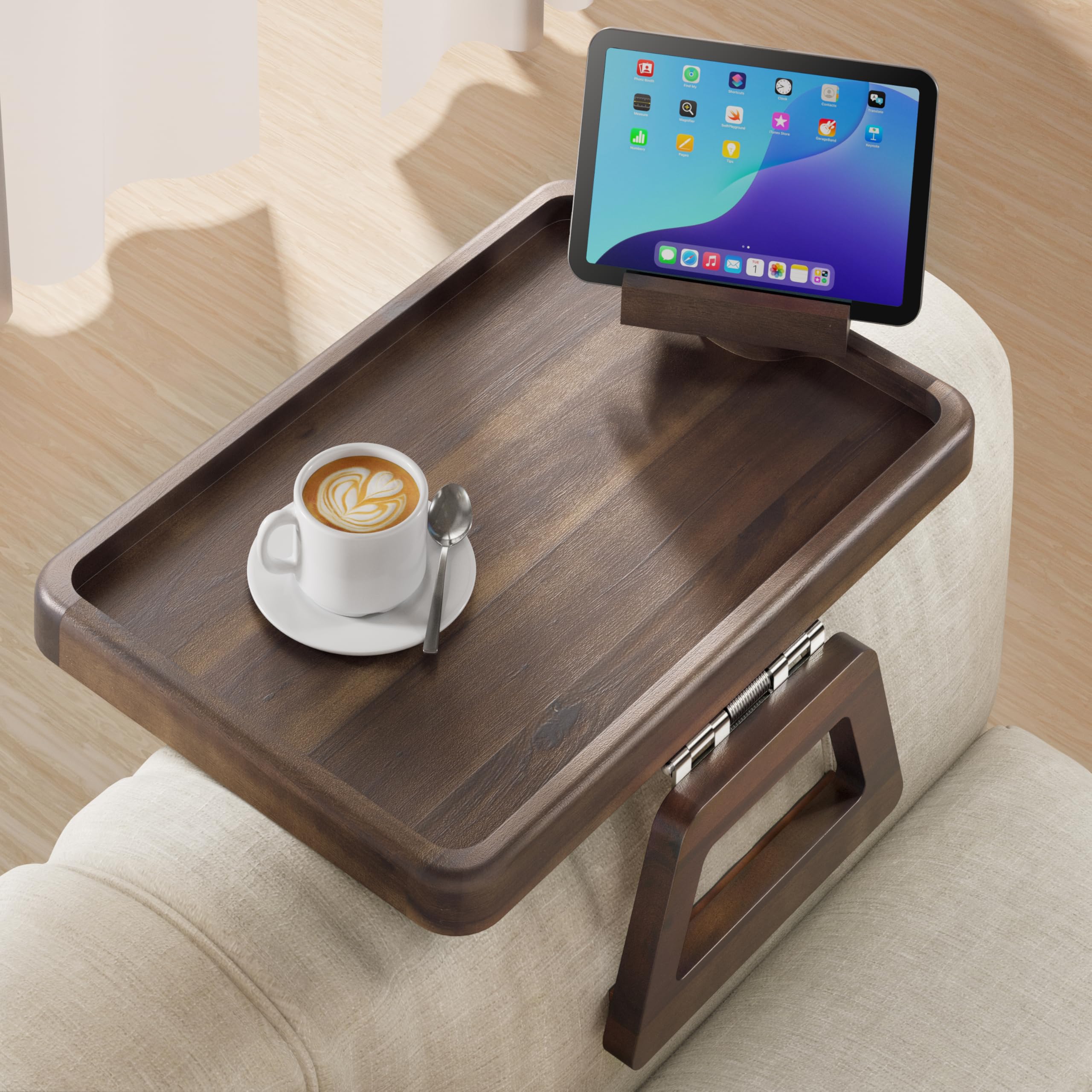 Tinamo Acacia Sofa Arm Tray, Couch Armrest Table with 360 Phone Holder - Armchair Caddy, 2-in-1 Couch Holder Tray - Sofa Arm Tab