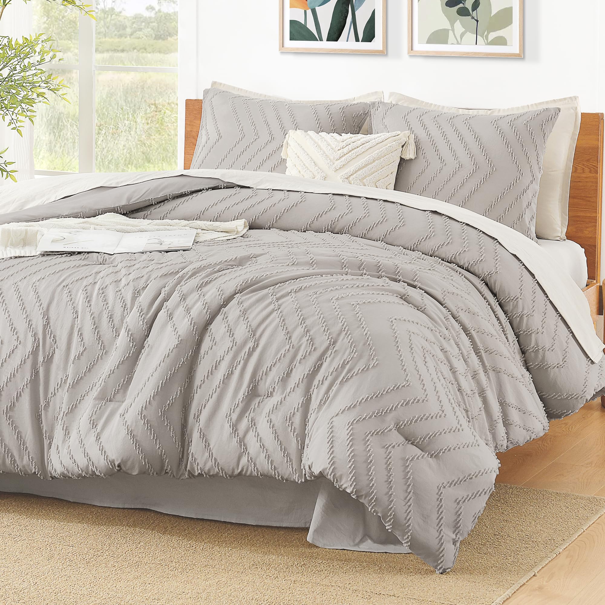 Litanika Comforter Oversized King Size Set Linen, 3 Pieces Chevron Tufted Solid Bedding Comforter Sets, Fluffy Bed Set