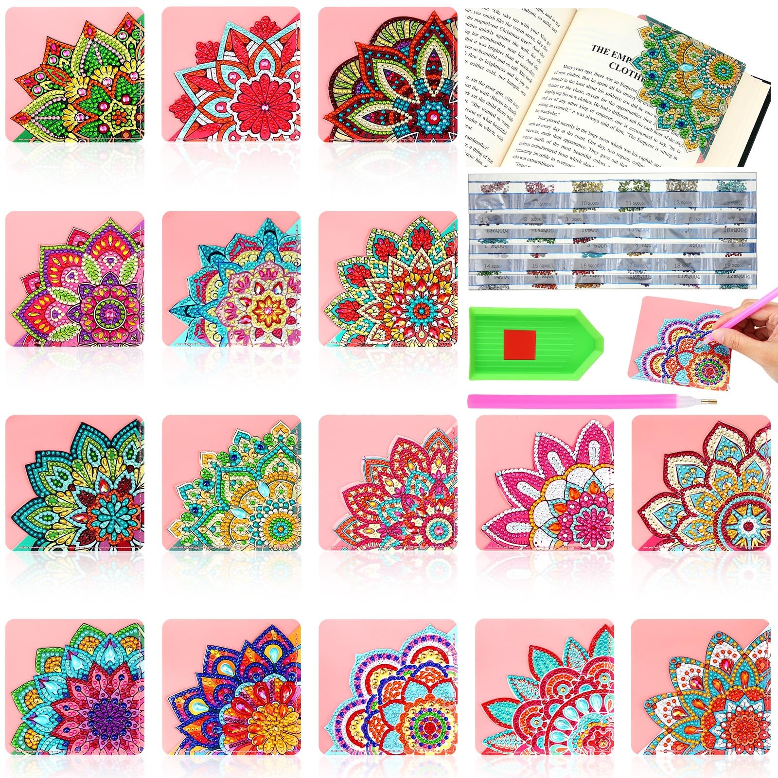 Tatuo 16 Pieces Diamond Painting Bookmarks Kits Mandala Flower Diamond Art Bookmarks Flower Corner Bookmark 5D Diy Diamond Book