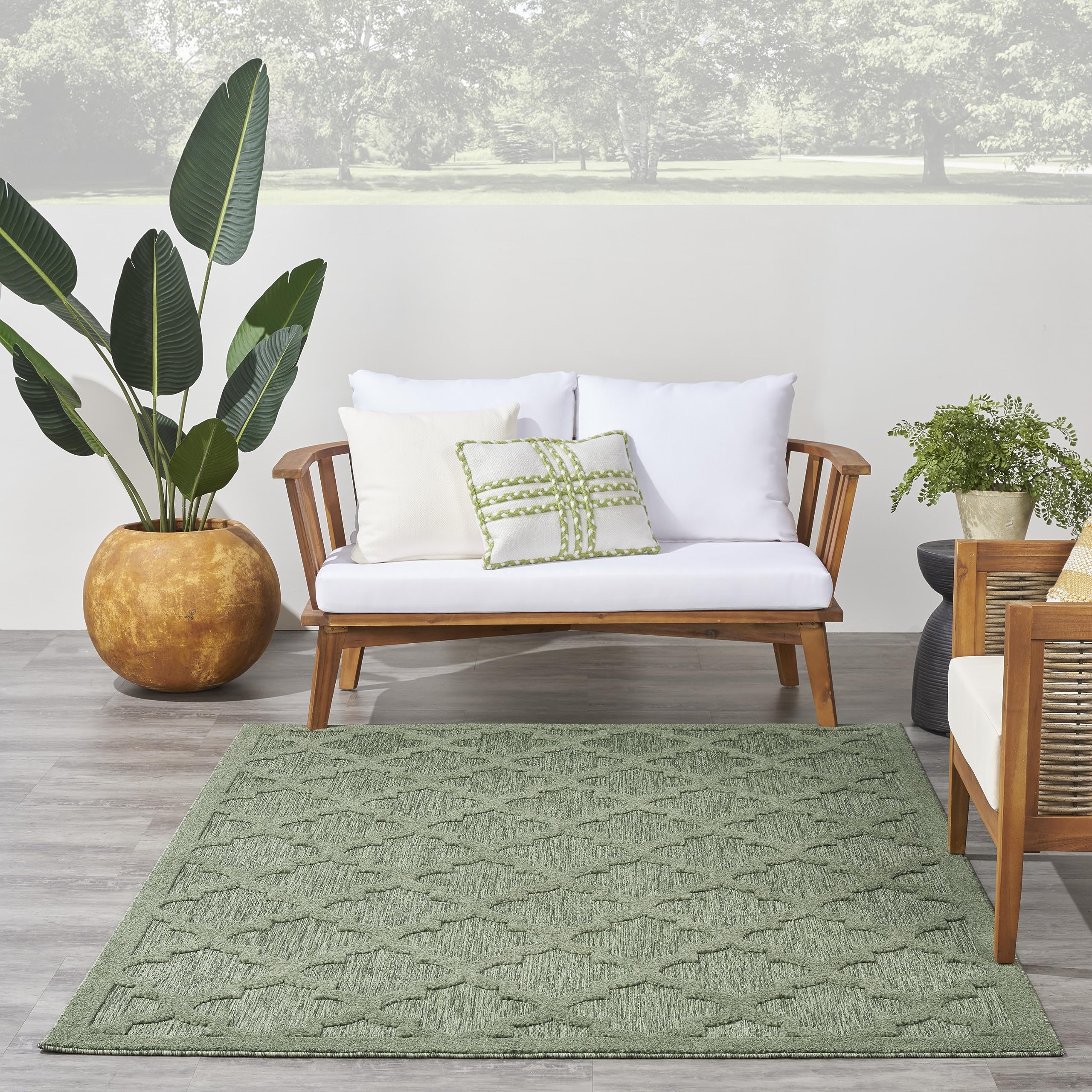 Nourison Easy Care Indoor/Outdoor Green 4' X 6' Area Rug, Easy Cleaning, Non Shedding, Bed Room, Living Room, Dining Room, Backyard, Deck, Patio (4X6)