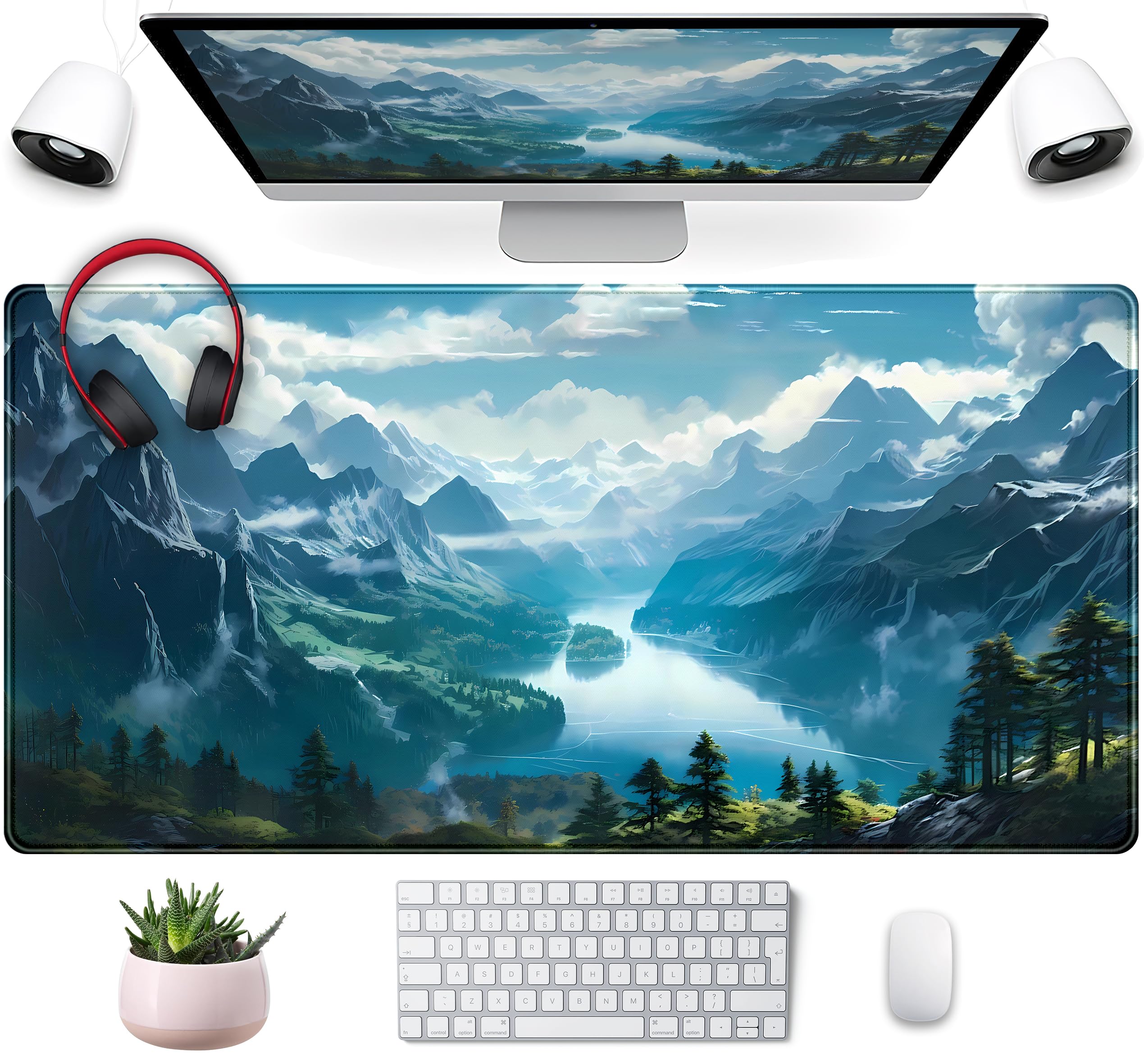 Aesthetic Mountain Vista Desk Mat, Blue Natural Wonder Xxl Large Extended Gaming Mouse Pad Mat Non-Slip Mousepad, Computer Keybo