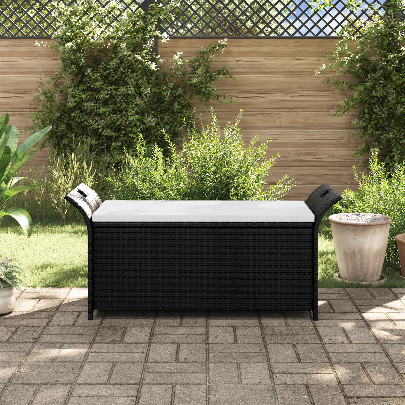 vidaXL Poly Rattan Storage Bench with Cushion, Indoor/Outdoor Ottoman Garden Bench, Waterproof Design, Easy Maintenance, 19.7&quot; x 54.3&quot; x 23.6&quot; Black