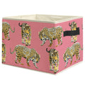 WARDOS Preppy Pink Leopard Storage Bin Box with Handles, Trendy Pink Cheetah Print Foldable Linen Fabric Laundry Basket for Girl