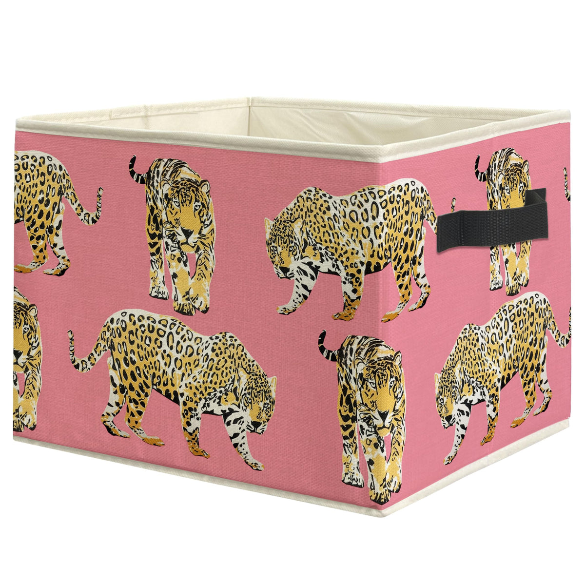 WARDOS Preppy Pink Leopard Storage Bin Box with Handles, Trendy Pink Cheetah Print Foldable Linen Fabric Laundry Basket for Girl