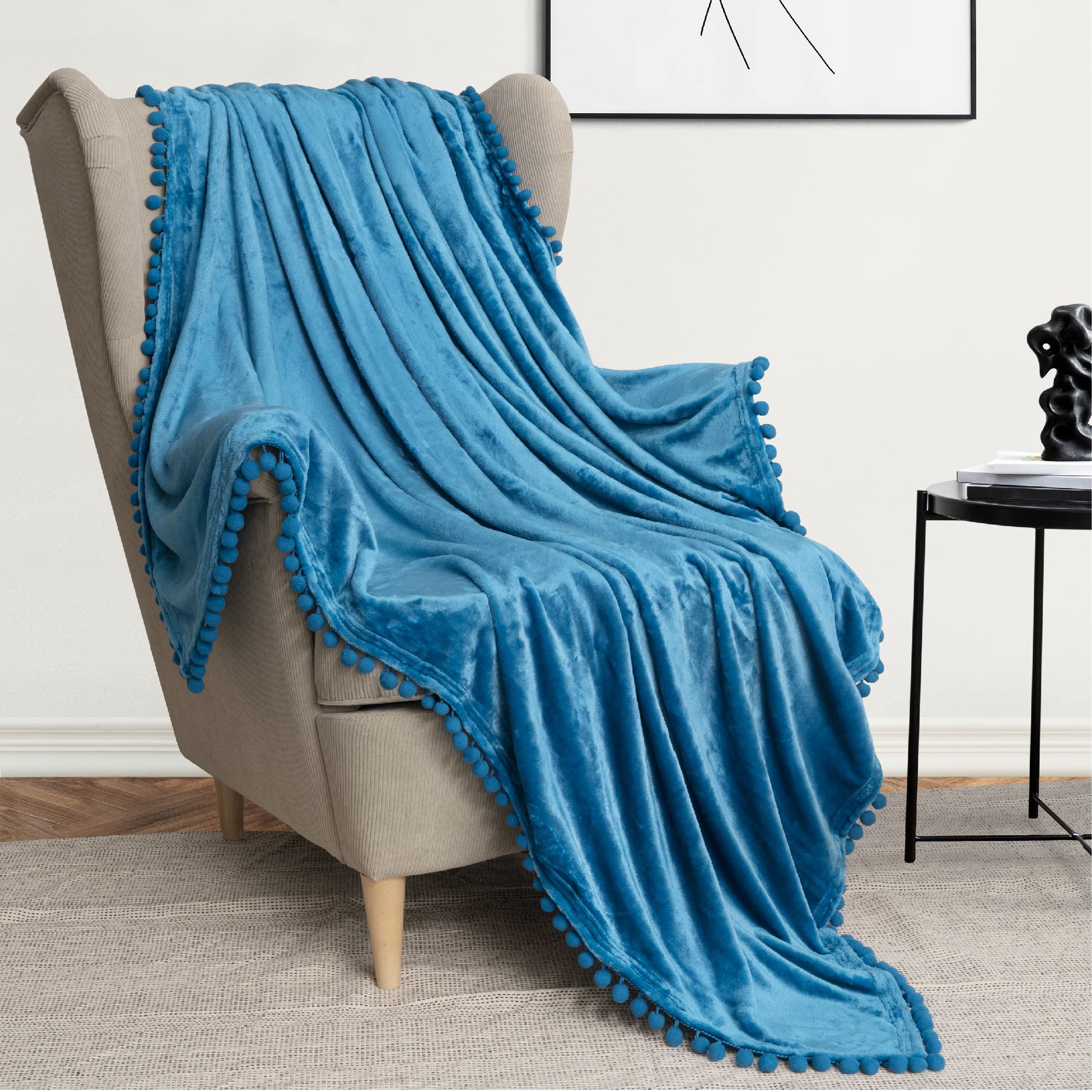 Pavilia Pom Pom Blanket Throw Twin, Turquoise Teal Blue | Soft Fleece Pompom Fringe Blanket For Couch Bed Sofa | Decorative Cozy