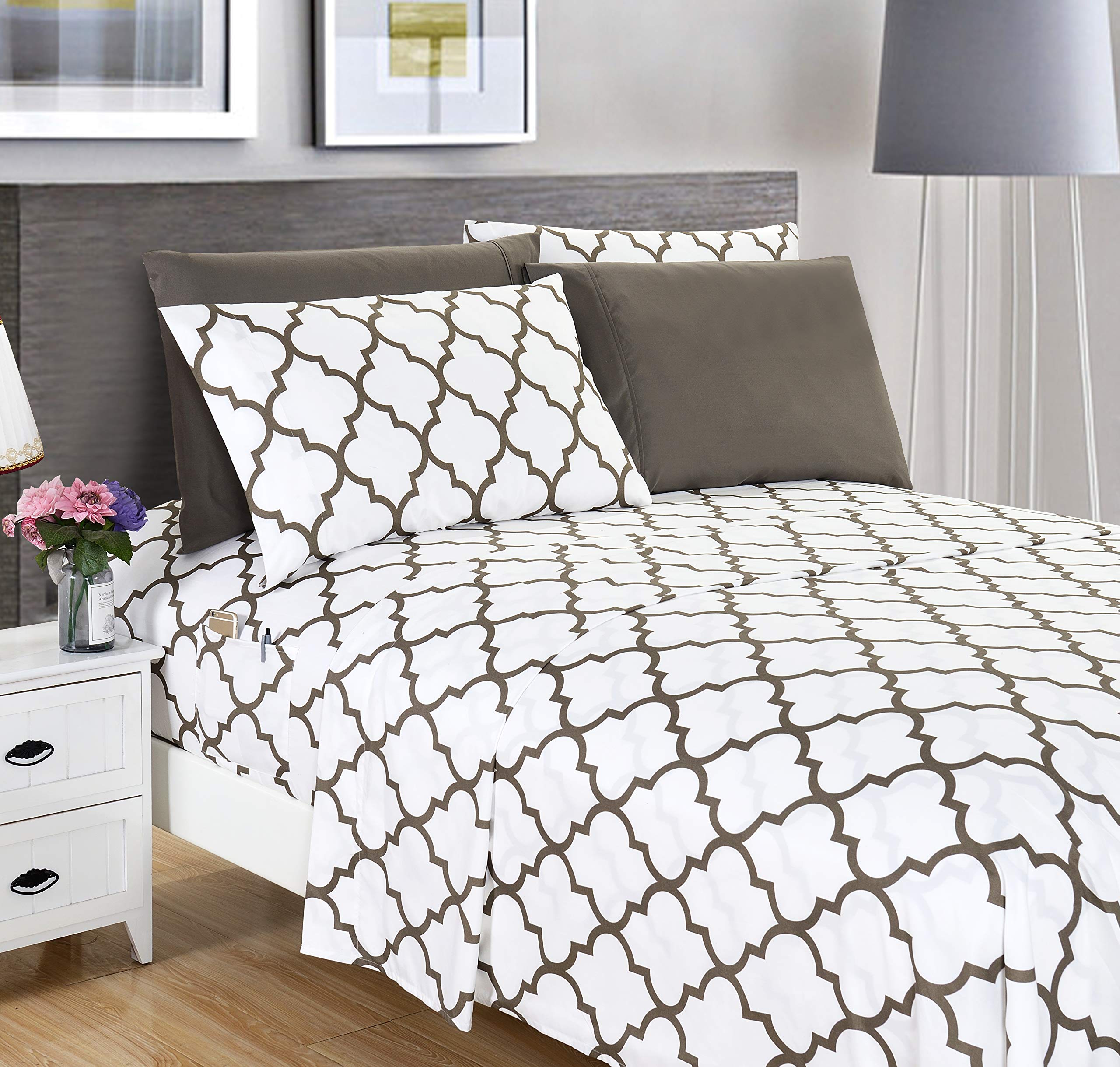 Elegant Comfort 4-Piece Quatrefoil Printed Deep Pocket Bed Sheet Set, Luxurious Silky 1500 Thread Count Bed Sheet Set Ultra Soft