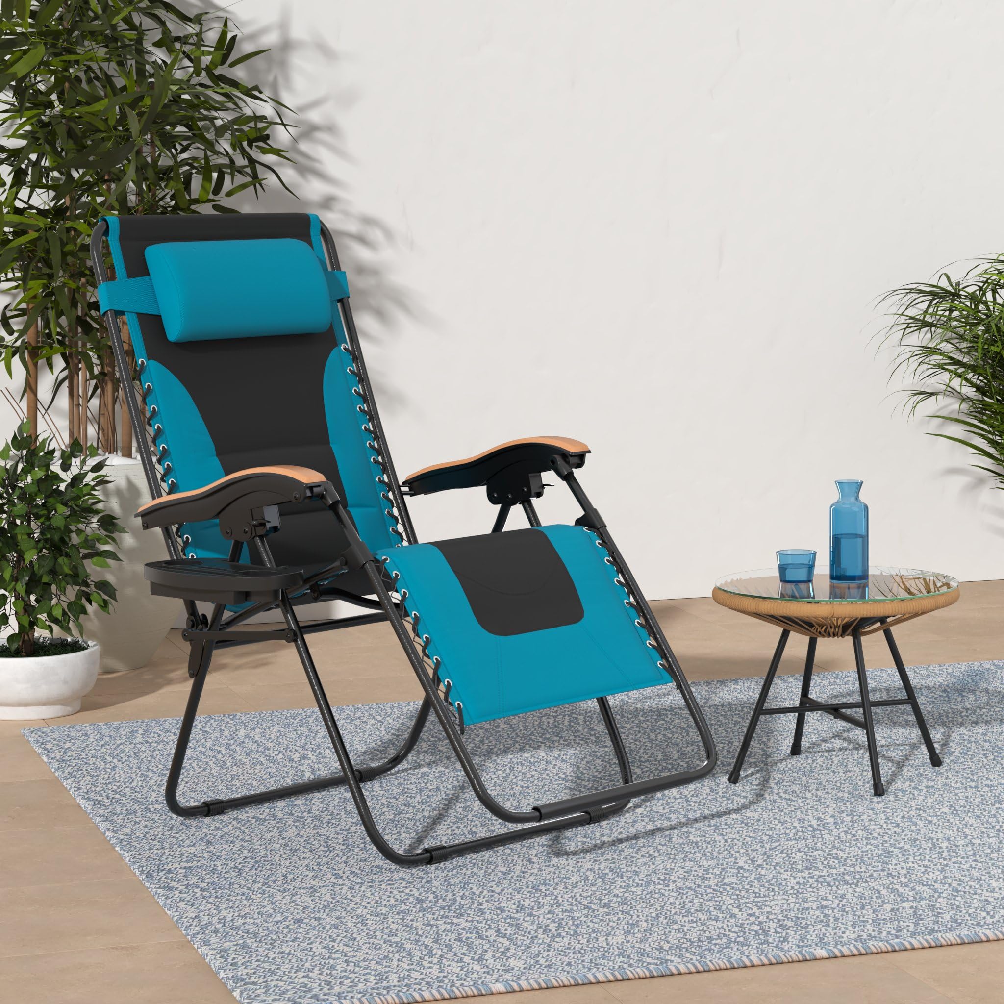 Phi Villa Xxl Oversized Padded Zero Gravity Chair, Foldable Patio Recliner, 30' Wide Seat Anti Gravity Lounger With Cup Holder, Set Of 2, Support 400 Lbs (Aqua)