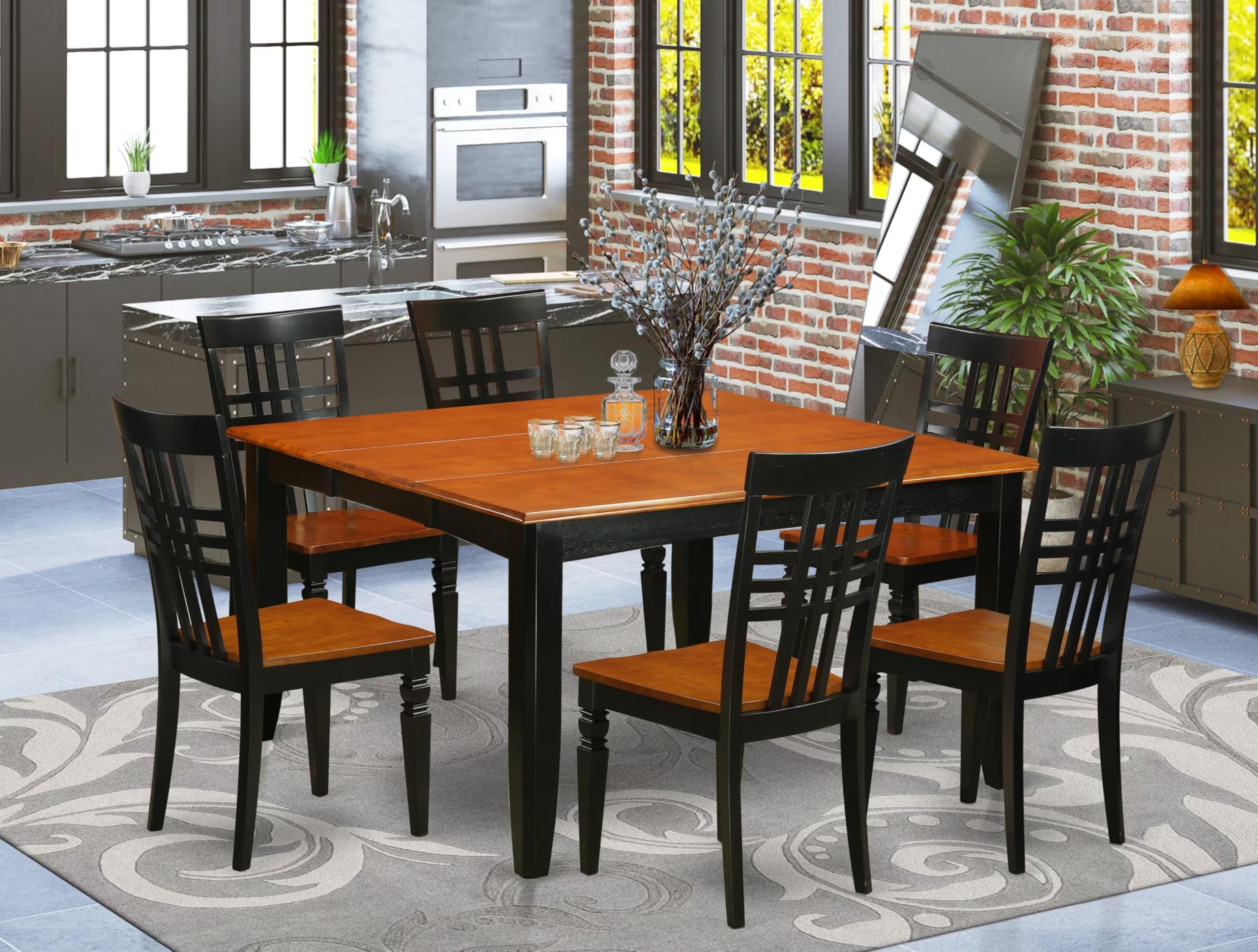 East West Furniture PFLG7-BCH-W 7 Piece Modern Dining Table Set Consist of a Square Wooden Table with Butterfly Leaf and 6 Dining Room Chairs, 54x54 Inch, Black & Cherry