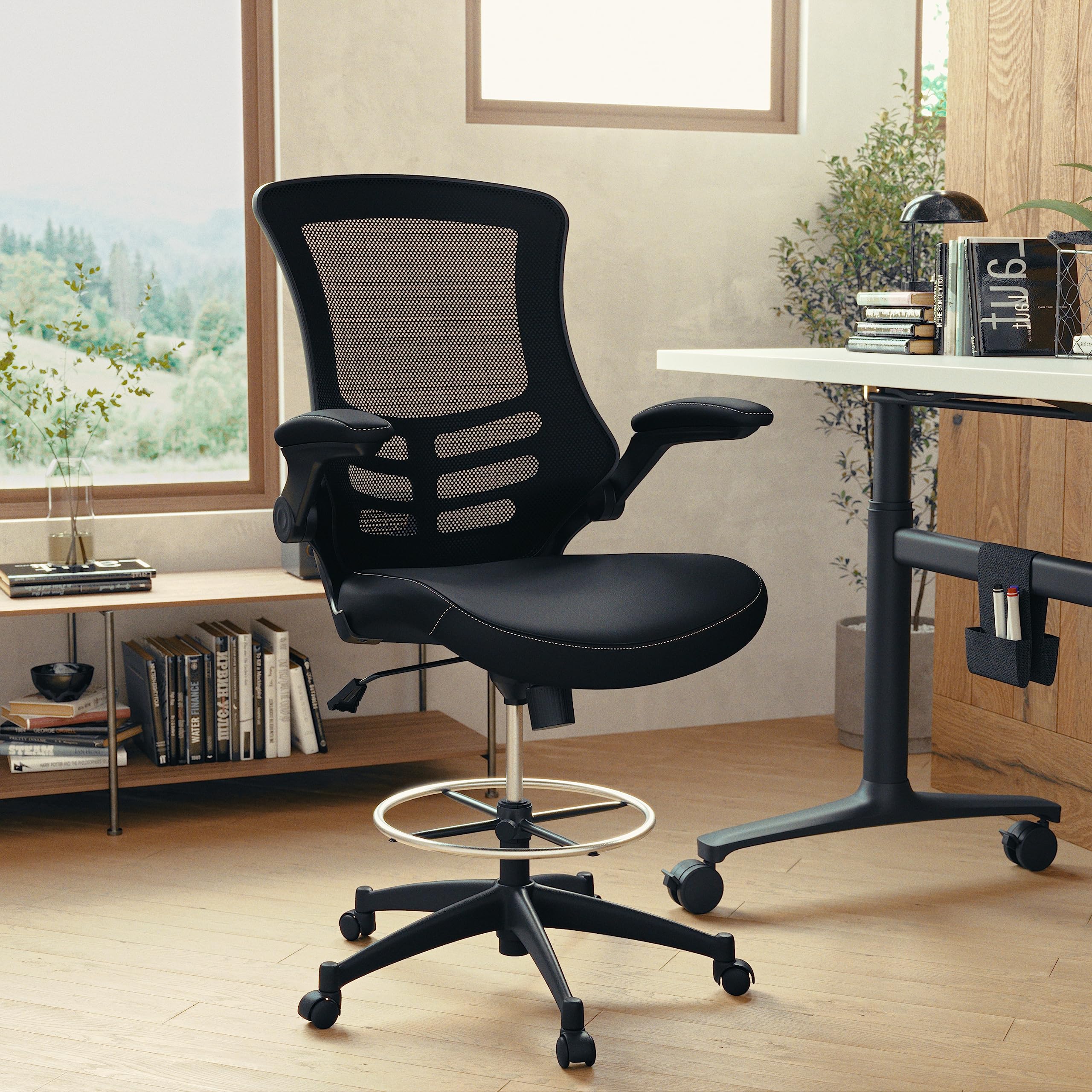 Flash Furniture Kelista Mid-Back Swivel Office Chair with Adjustable LeatherSoft Seat Height, Ergonomic Mesh Chair with Flip-Up Arms, Black