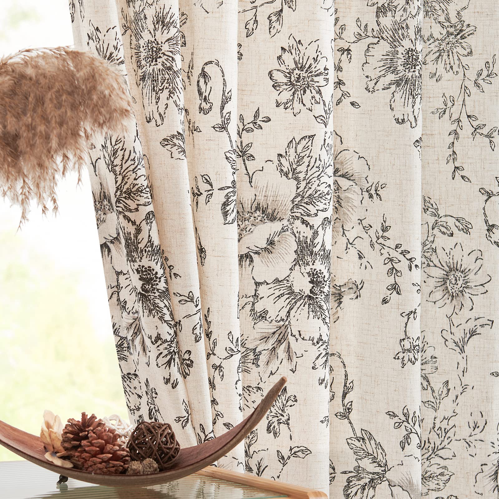Jinchan Linen Curtains Floral Curtains For Living Room 96 Inch Length Black Printed Curtains Rod Pocket Back Tab Farmhouse Peony