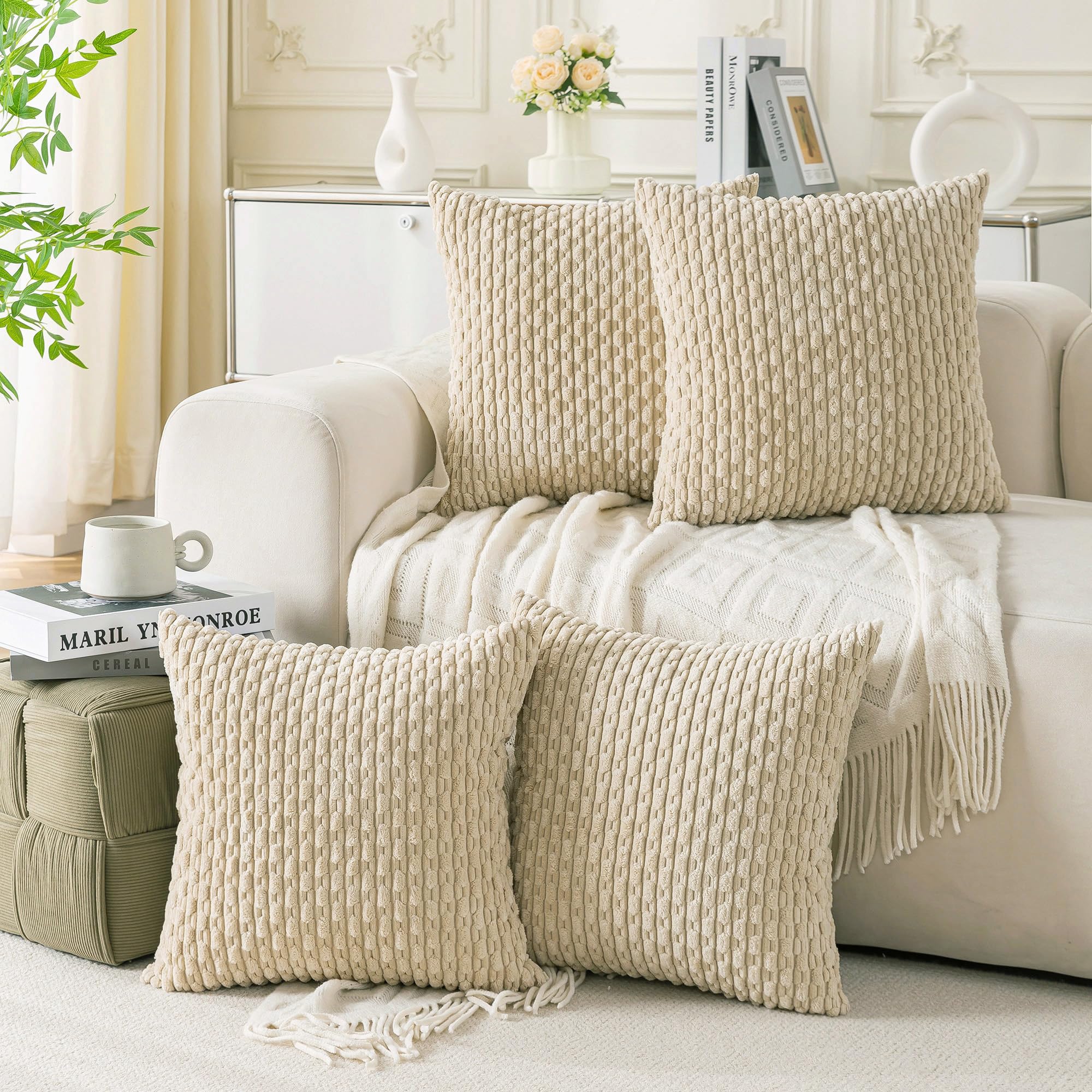 Cozoomy Set Of 4 Beige Decorative Pillow Covers 18X18 Inch Corduroy Throw Pillow Covers For Bed Couch Sofa Living Room Soft Cush