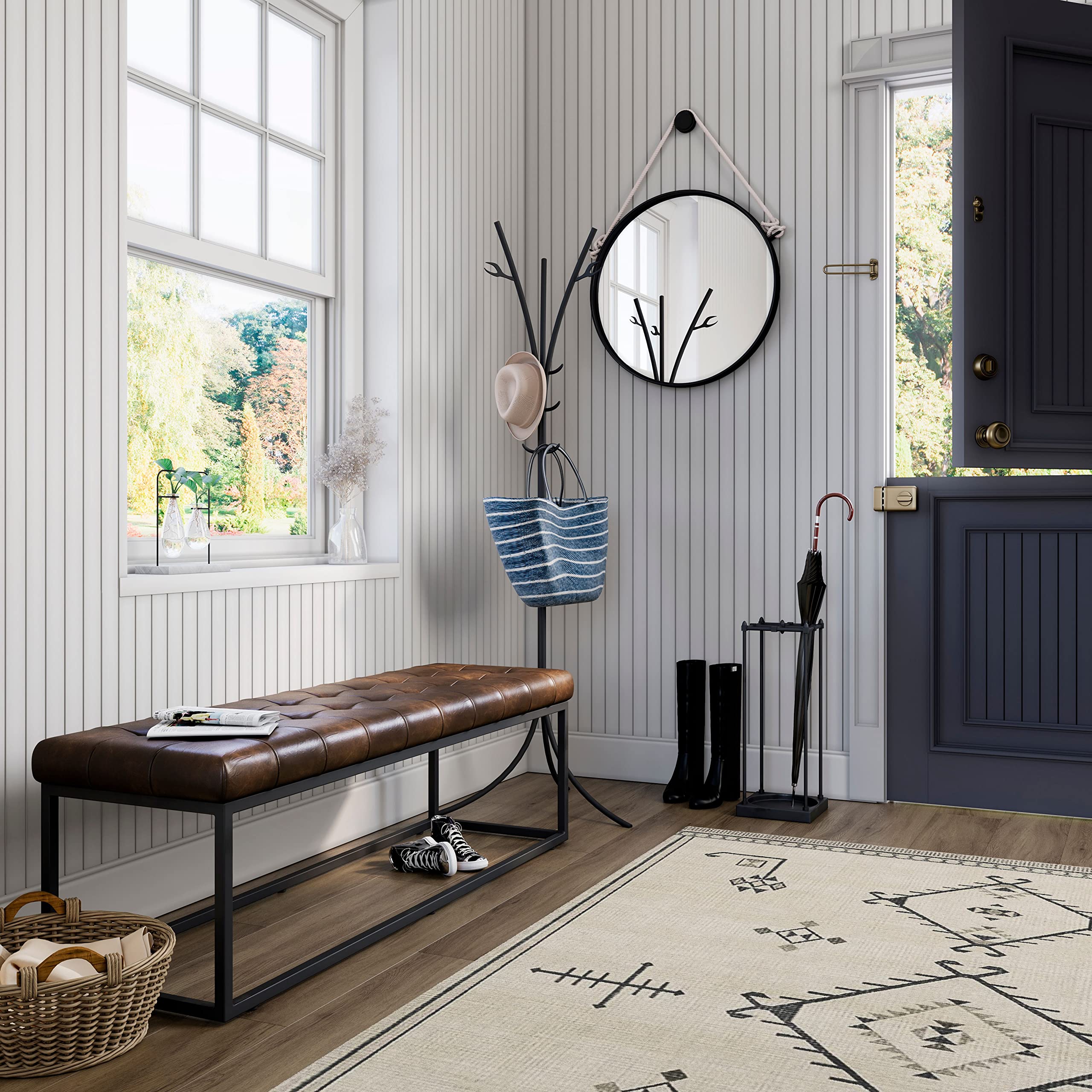 Jofran 1730-78 Global Archive 55''Lx17.5''Wx17.5''H Mid-Century Modern Genuine Leather Bench Pre-Assembled, Dark Sienna